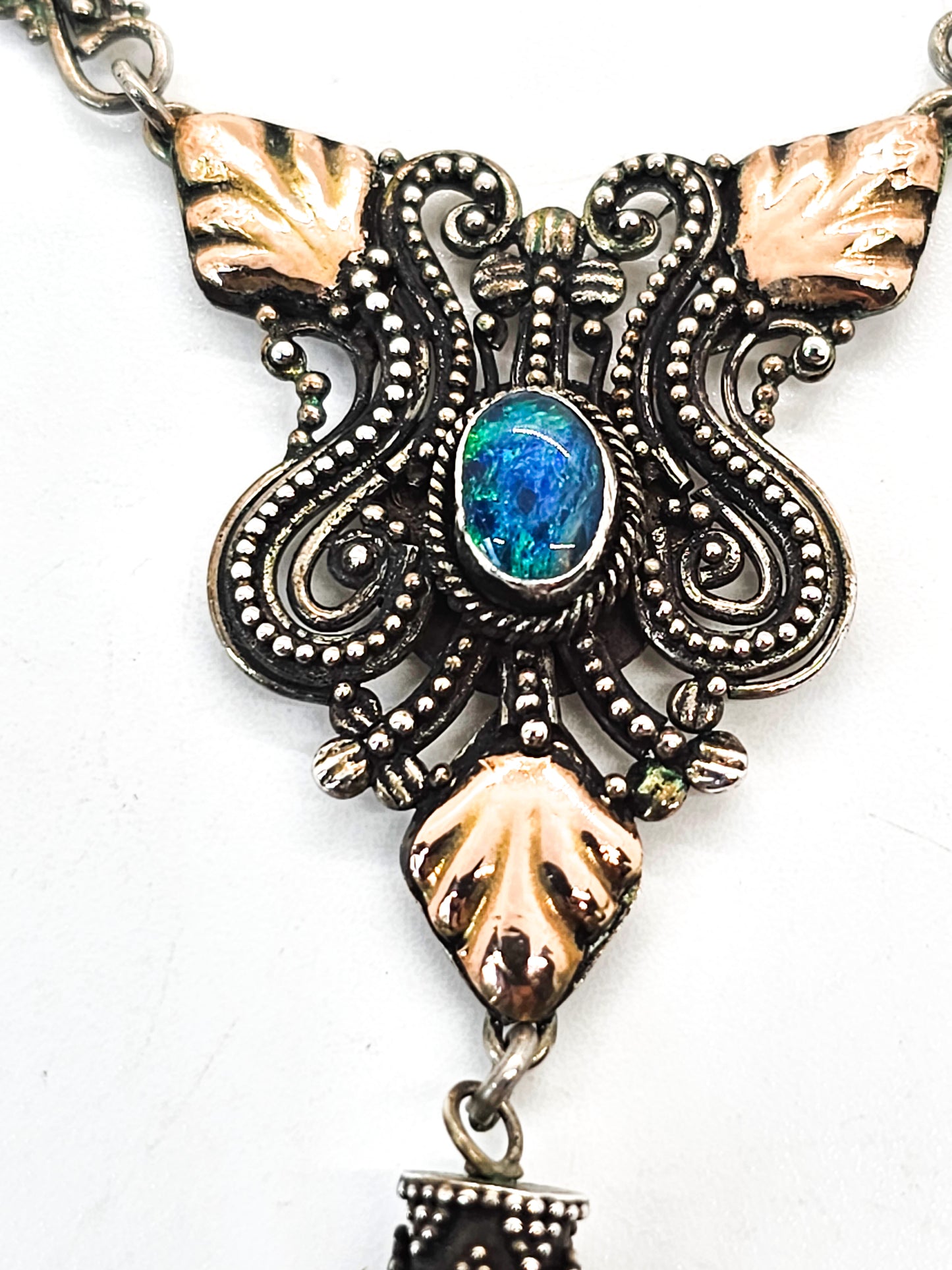 Blue opal gold over sterling silver leaf tribal drop terminated clear quartz necklace