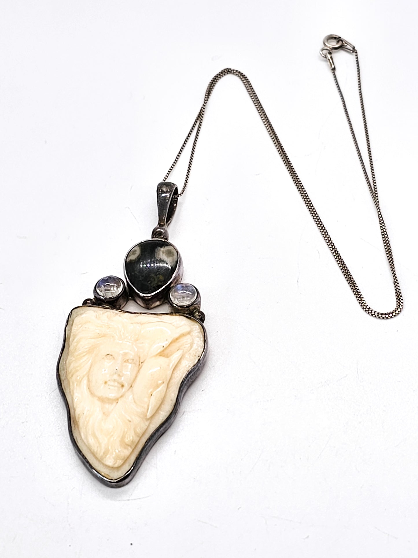 Natural carved woman moonstone ocean jasper sterling silver necklace