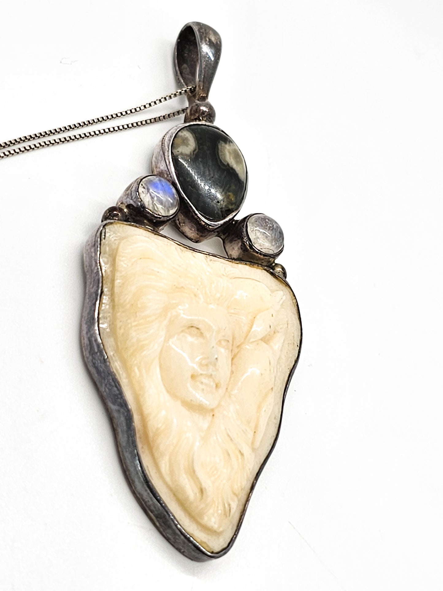 Natural carved woman moonstone ocean jasper sterling silver necklace