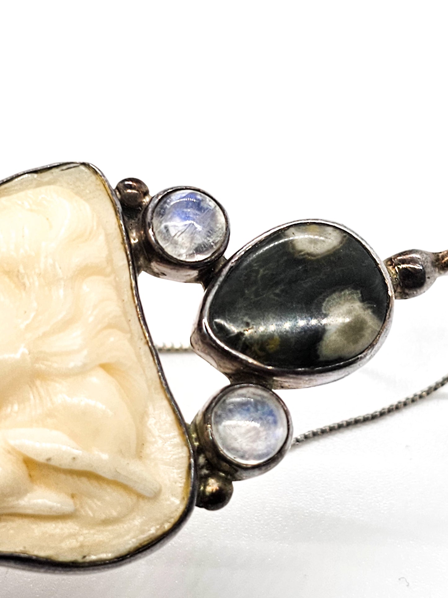 Natural carved woman moonstone ocean jasper sterling silver necklace