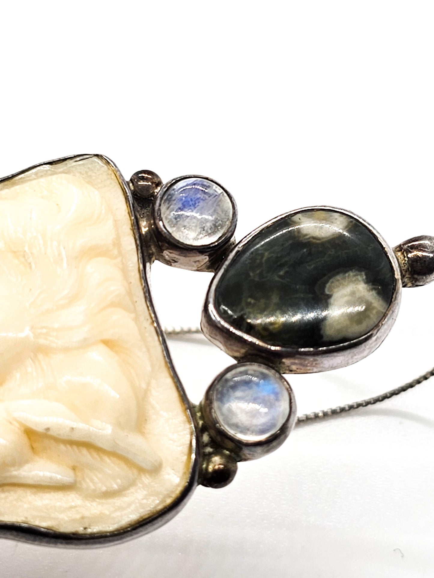 Natural carved woman moonstone ocean jasper sterling silver necklace
