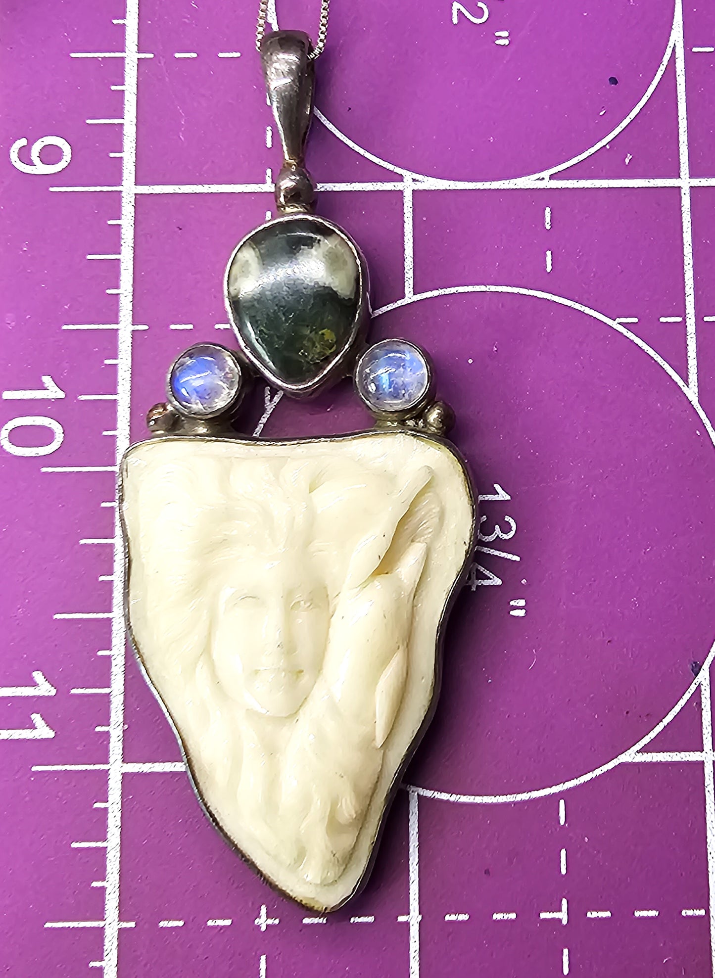 Natural carved woman moonstone ocean jasper sterling silver necklace