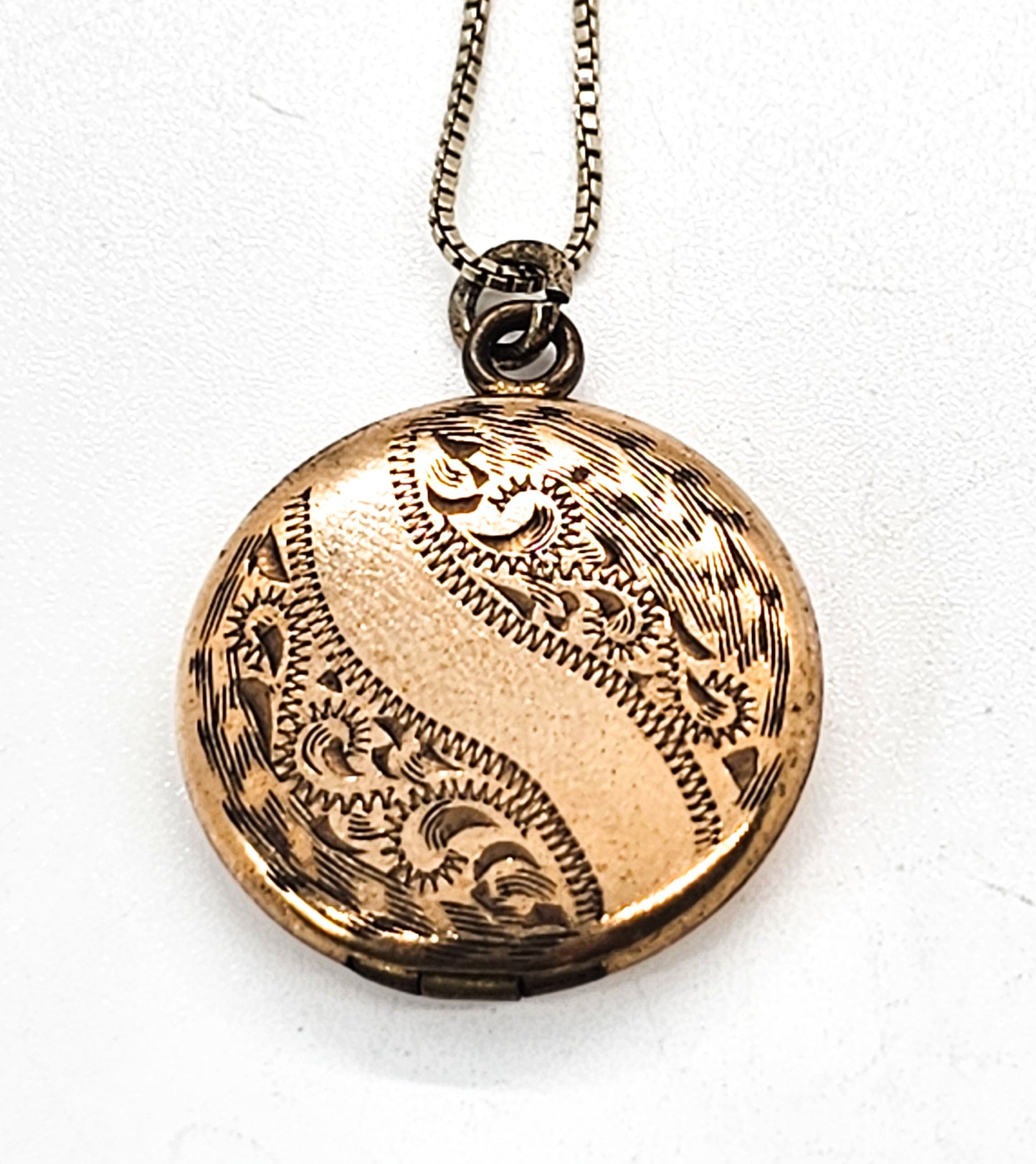 R & G Co. antique gold filled etched signed locket necklace