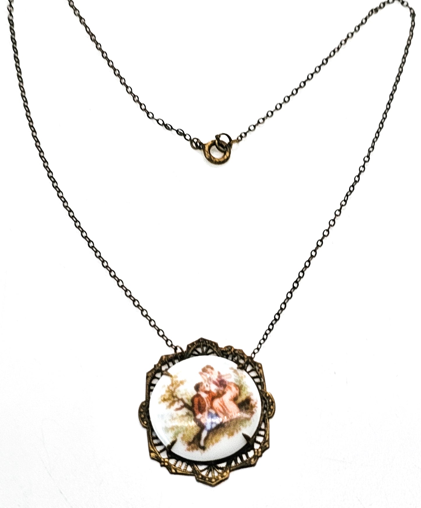 Courting Couple porcelain transferware mid century vintage cameo necklace
