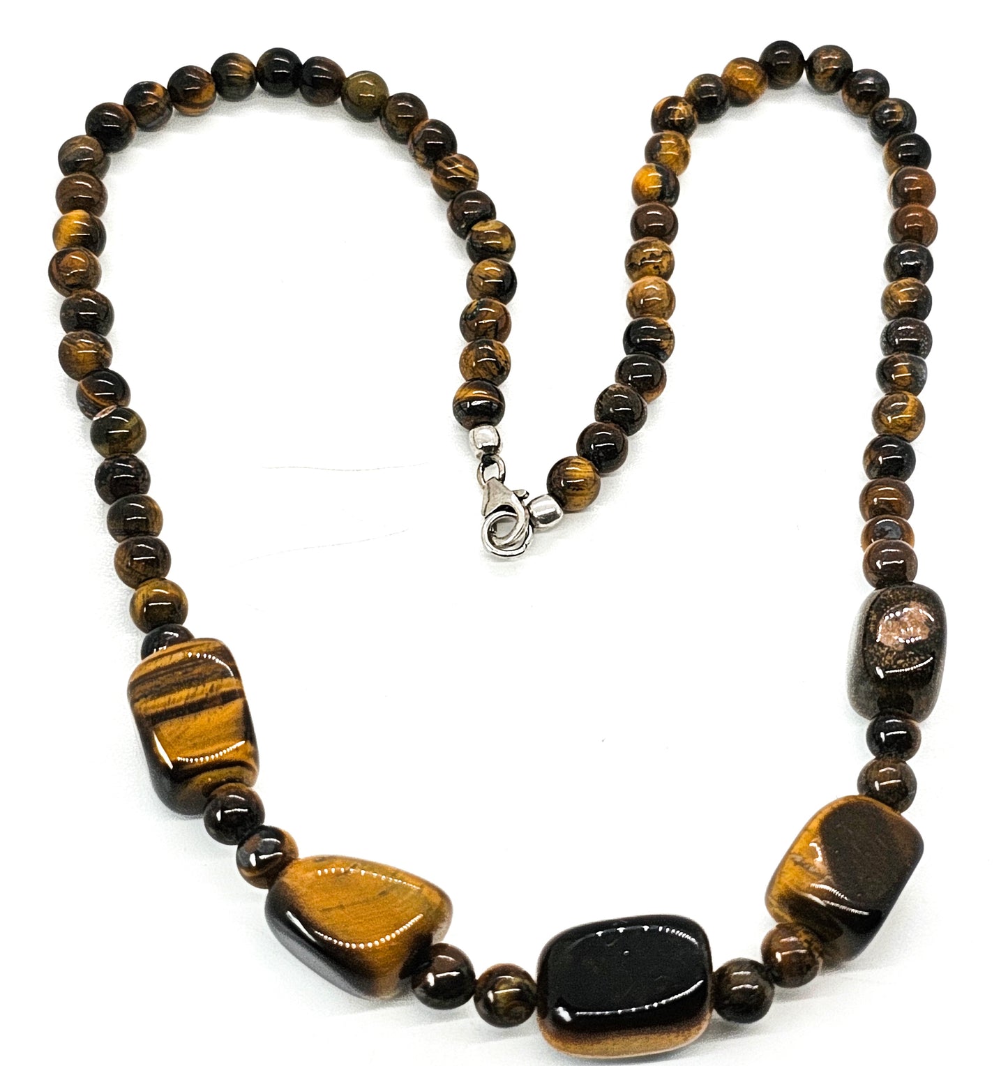 Tiger's eye beaded nugget natural gemstone sterling silver vintage necklace