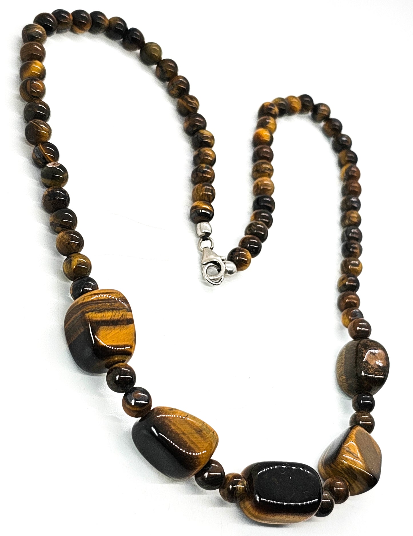 Tiger's eye beaded nugget natural gemstone sterling silver vintage necklace