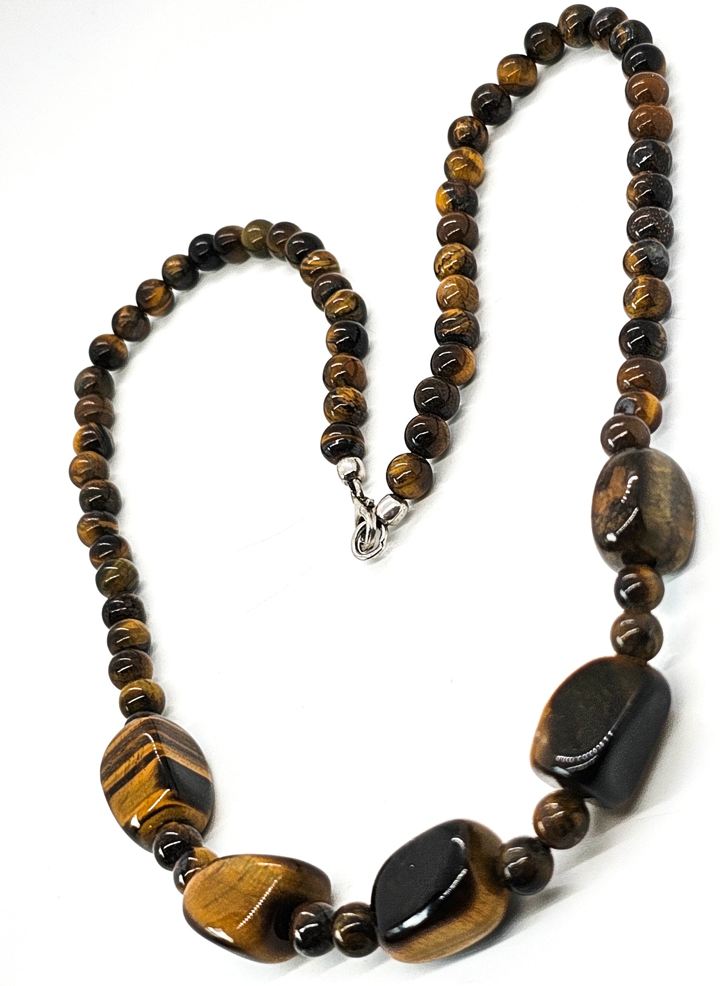 Tiger's eye beaded nugget natural gemstone sterling silver vintage necklace