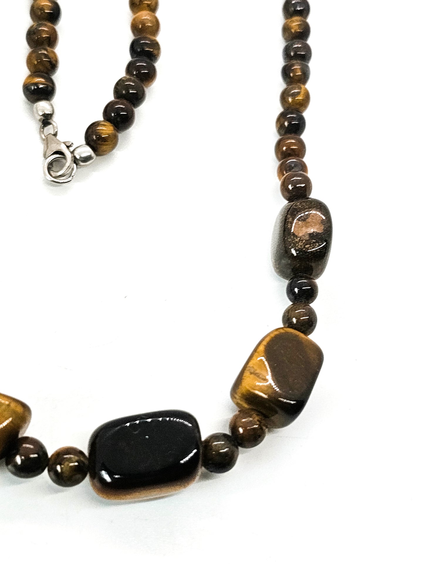 Tiger's eye beaded nugget natural gemstone sterling silver vintage necklace