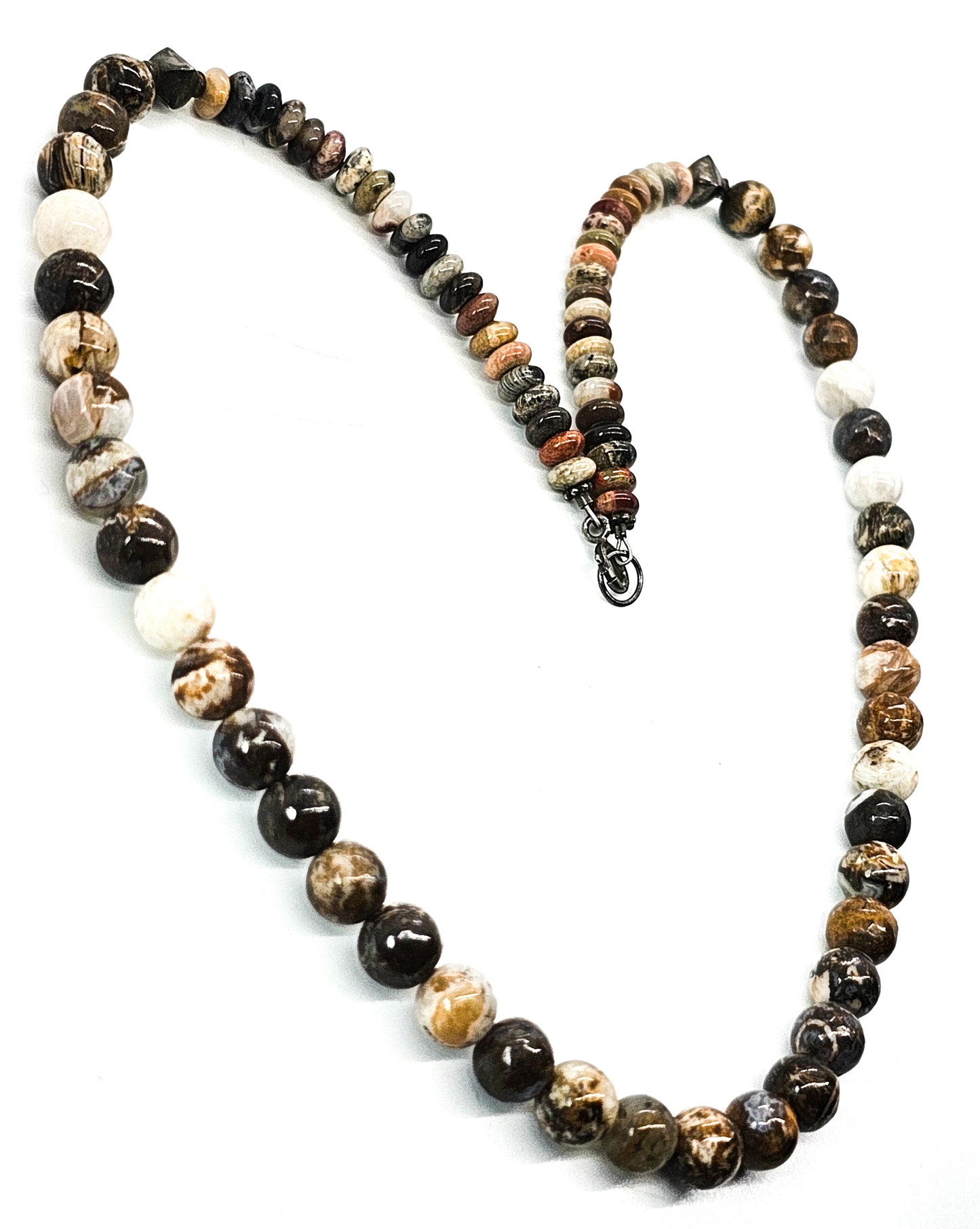 Picasso jasper and pyrite beaded sterling silver 20 inch necklace