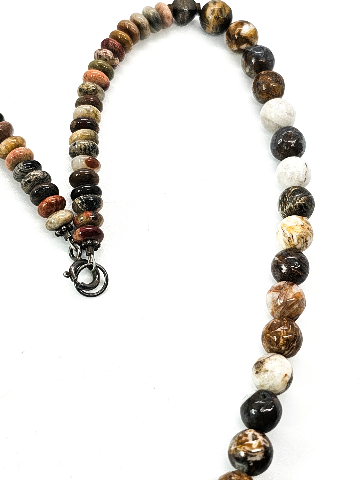 Picasso jasper and pyrite beaded sterling silver 20 inch necklace