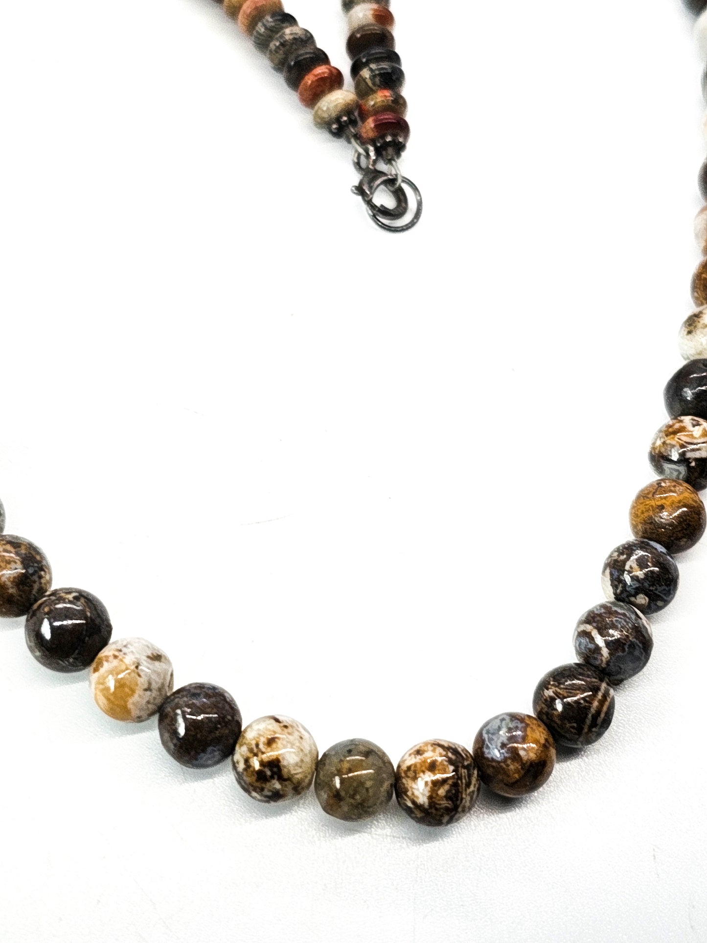 Picasso jasper and pyrite beaded sterling silver 20 inch necklace