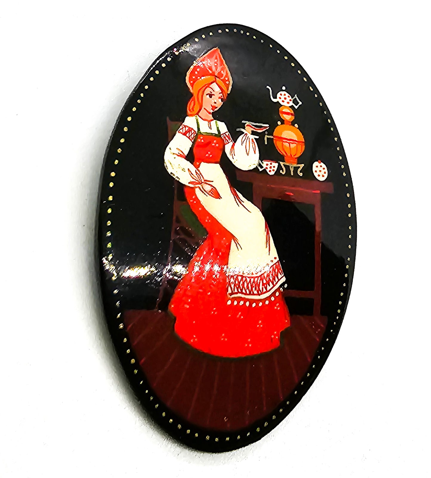 Russian hand painted Woman drinking tea vintage folk art black metal brooch