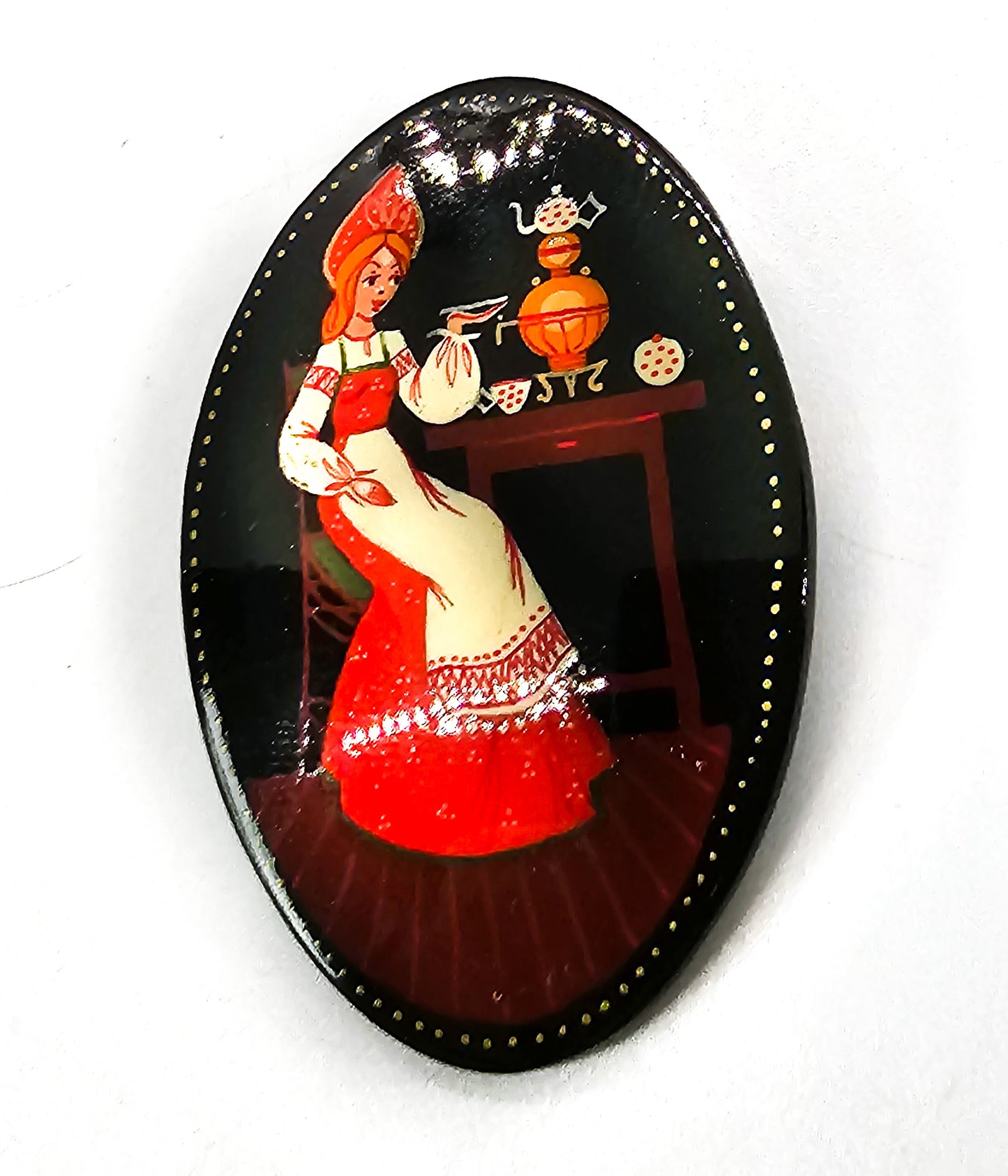 Russian hand painted Woman drinking tea vintage folk art black metal brooch