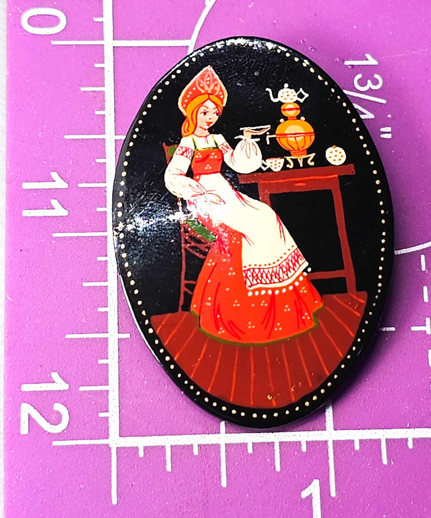 Russian hand painted Woman drinking tea vintage folk art black metal brooch