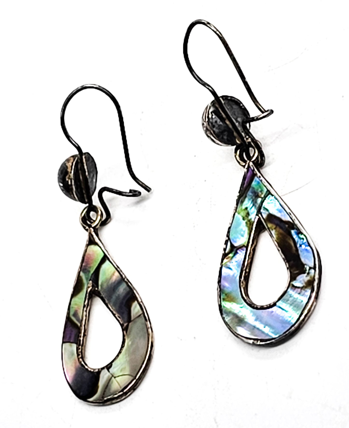 Abalone Paua Taxco Mexico Eagle stamp CPI vintage sterling silver drop hoop earrings