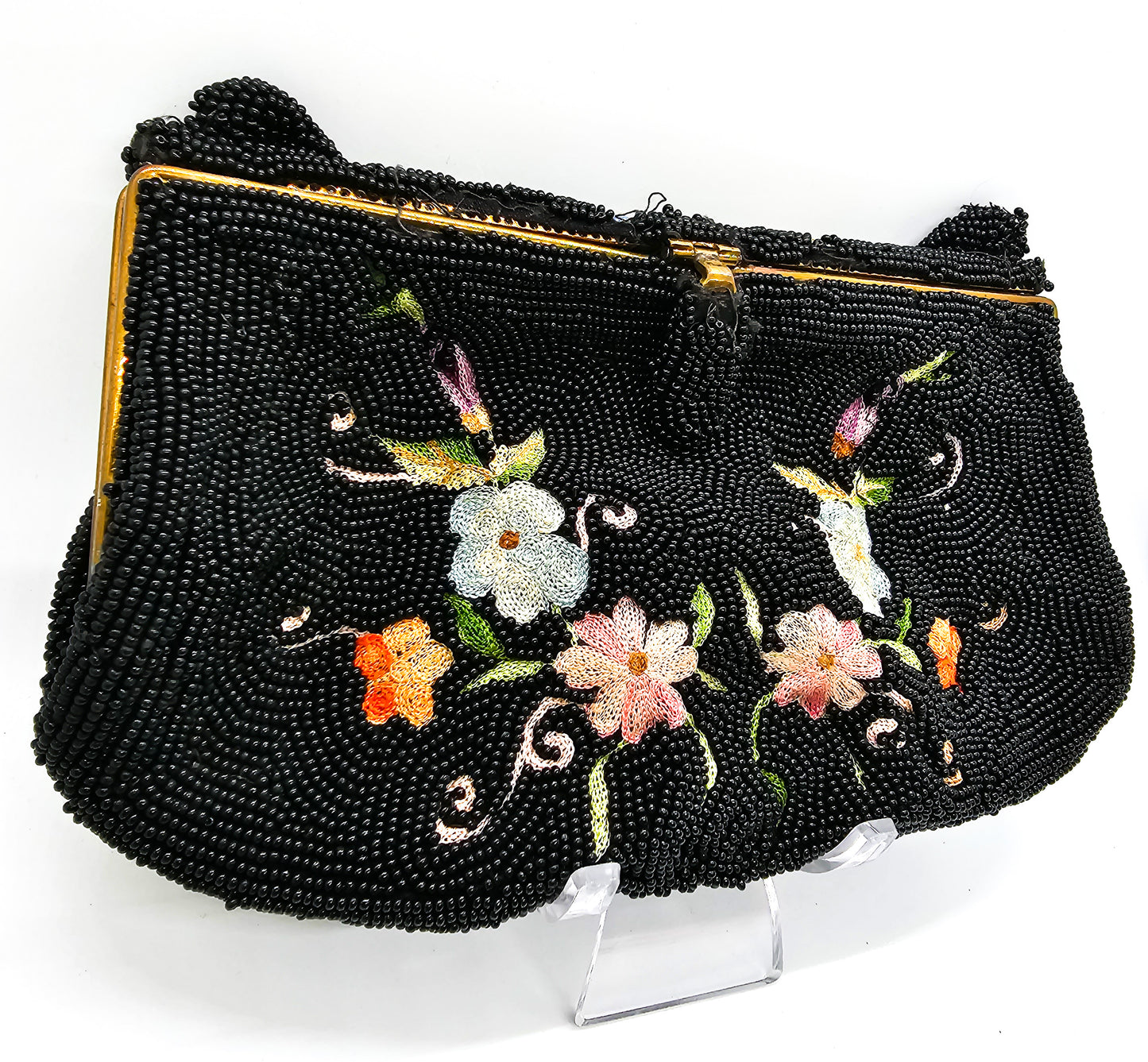 Tambour embroidered Belgium black beaded flower clutch purse
