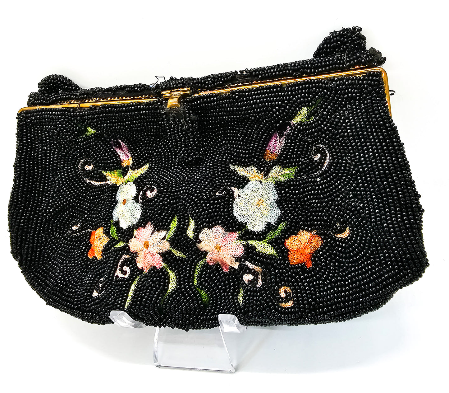 Tambour embroidered Belgium black beaded flower clutch purse