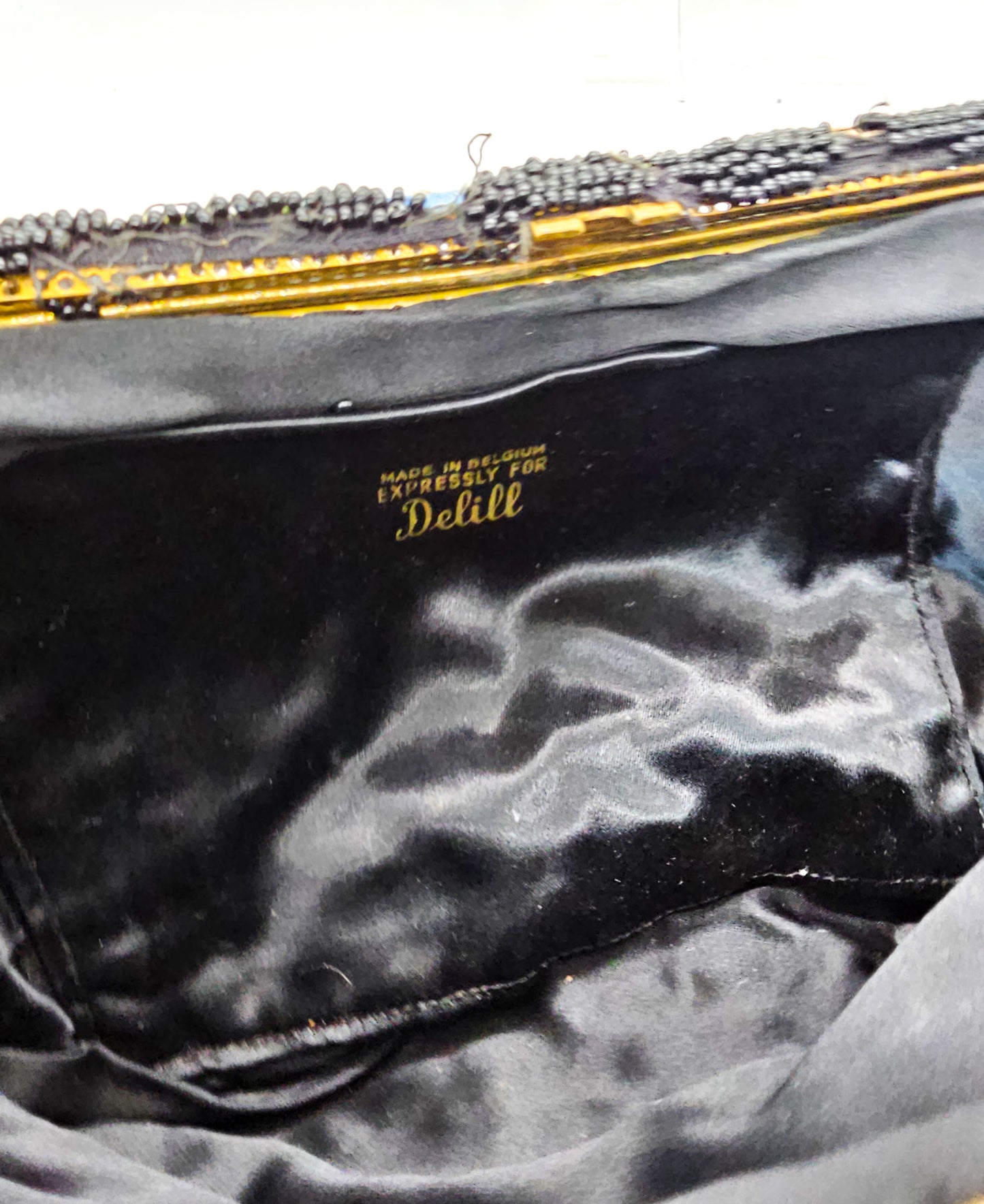 Tambour embroidered Belgium black beaded flower clutch purse