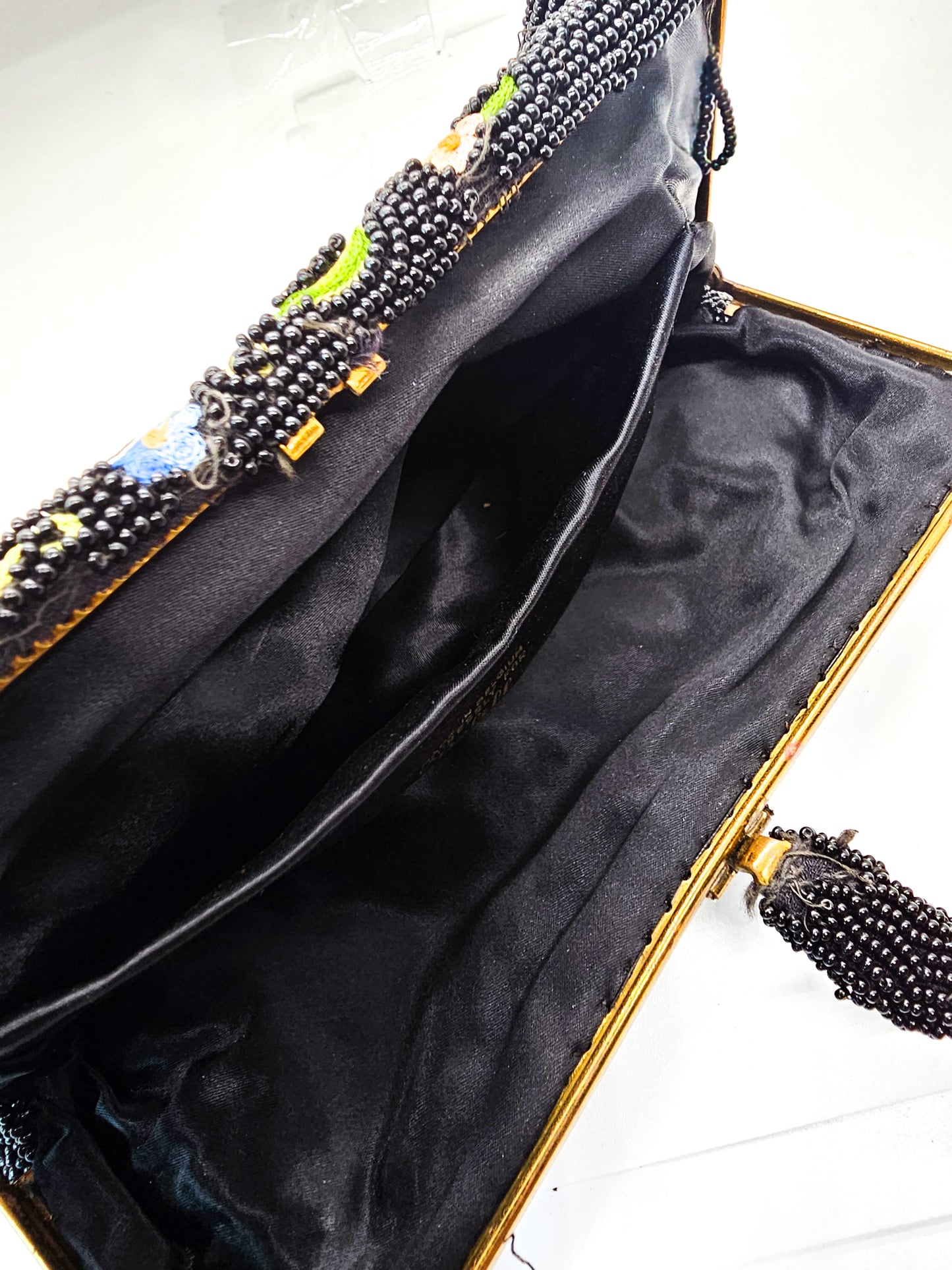 Tambour embroidered Belgium black beaded flower clutch purse