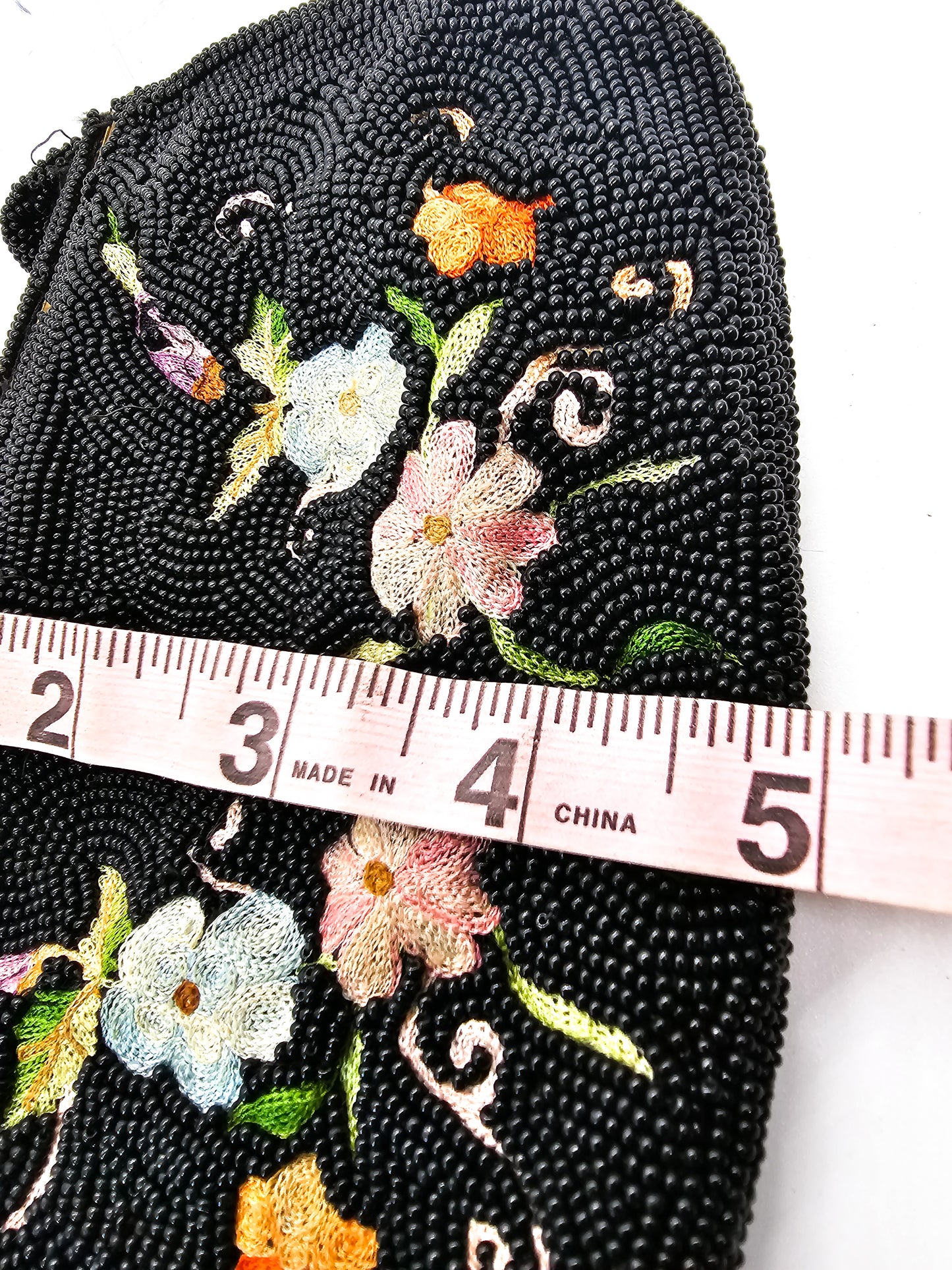 Tambour embroidered Belgium black beaded flower clutch purse