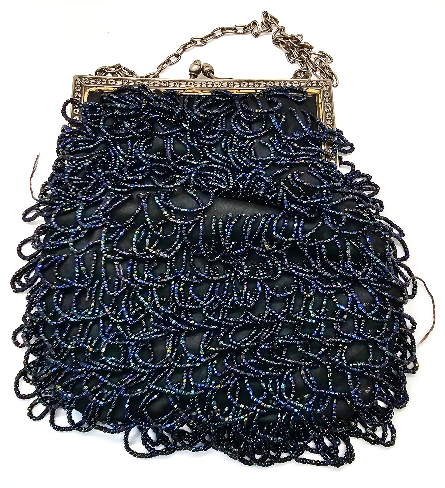 Blue Oil Slick Aurora Borealis mid century vintage beaded fringe purse
