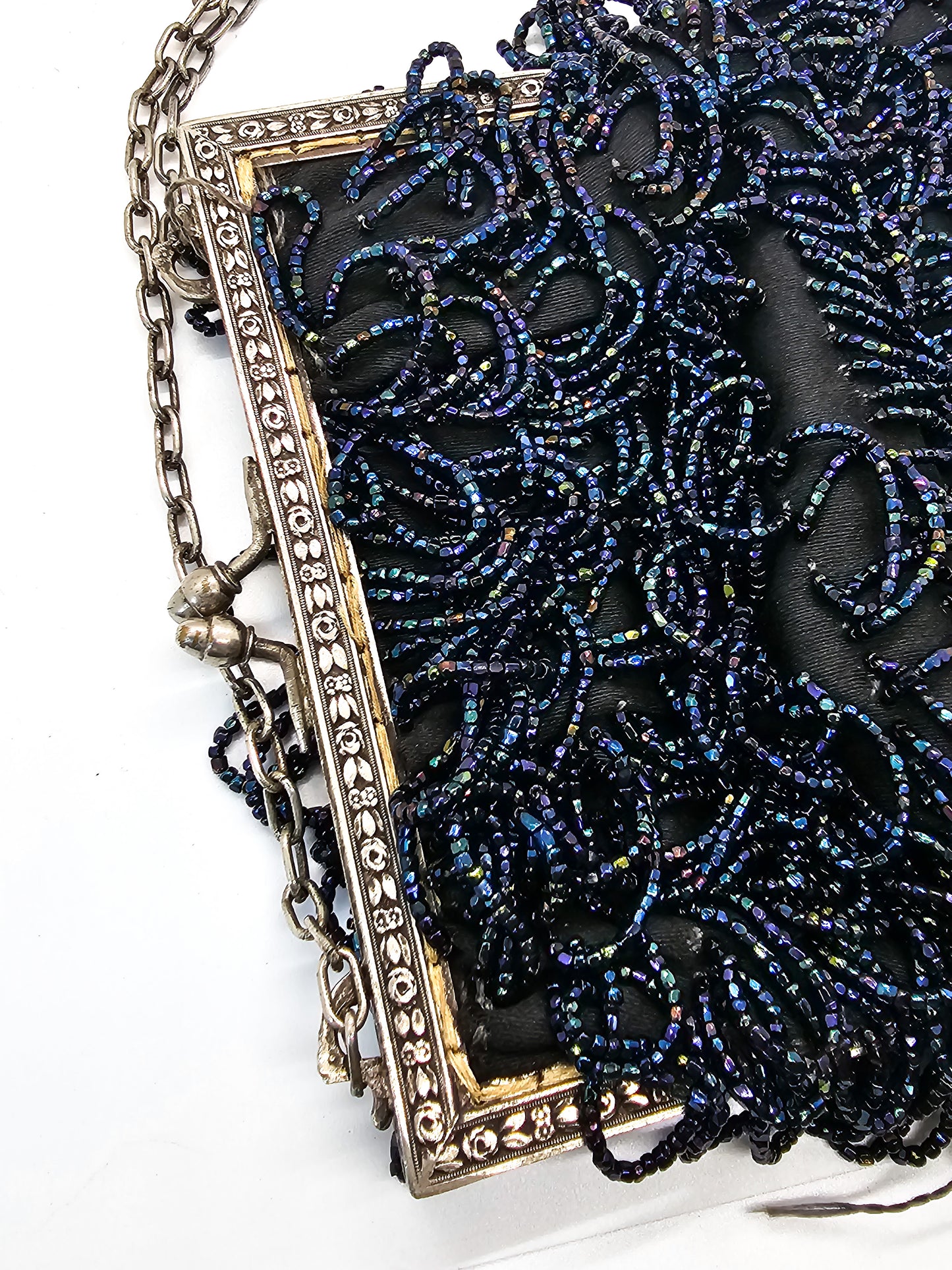 Blue Oil Slick Aurora Borealis mid century vintage beaded fringe purse