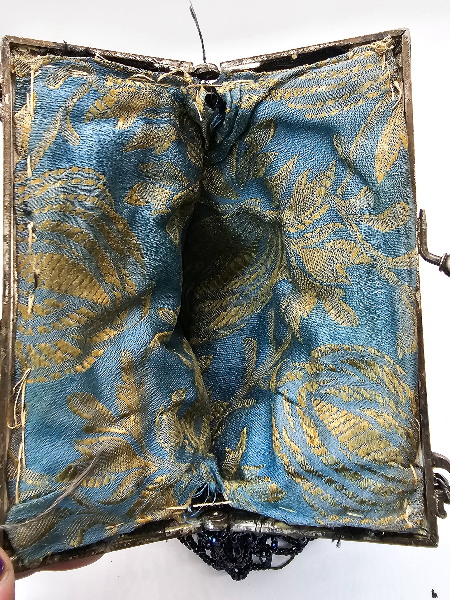 Blue Oil Slick Aurora Borealis mid century vintage beaded fringe purse
