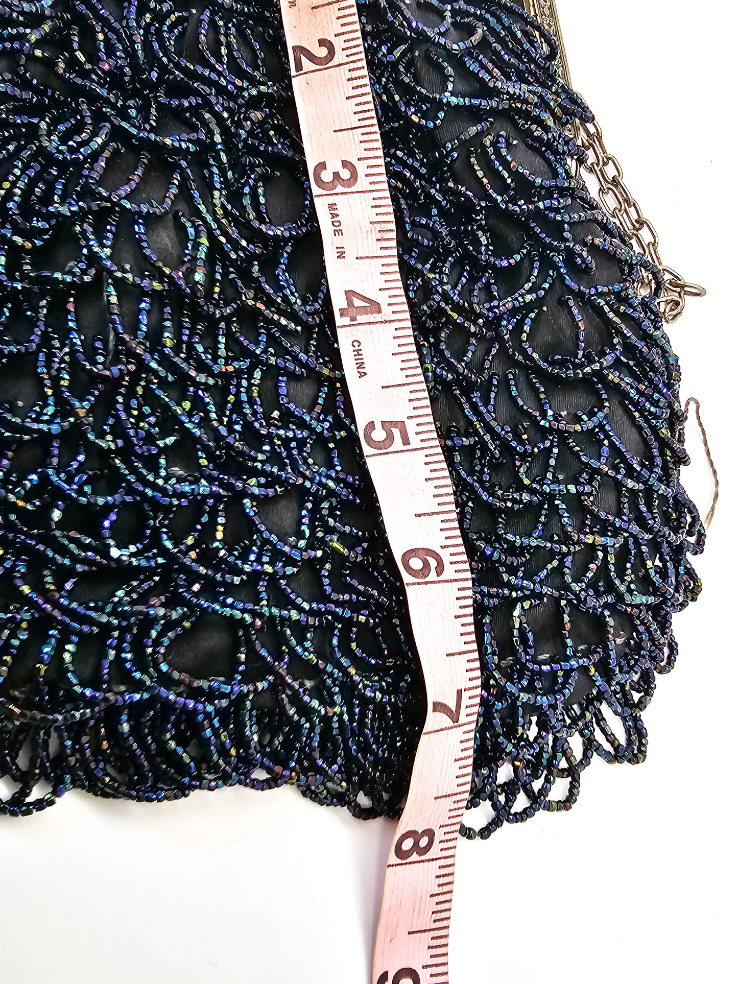 Blue Oil Slick Aurora Borealis mid century vintage beaded fringe purse