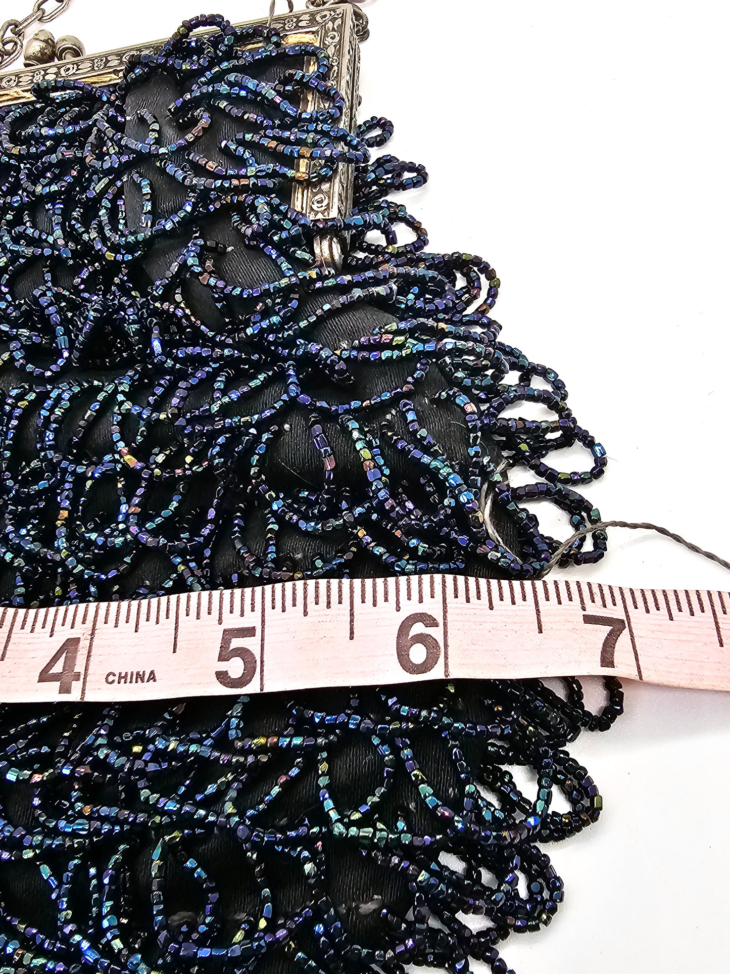 Blue Oil Slick Aurora Borealis mid century vintage beaded fringe purse