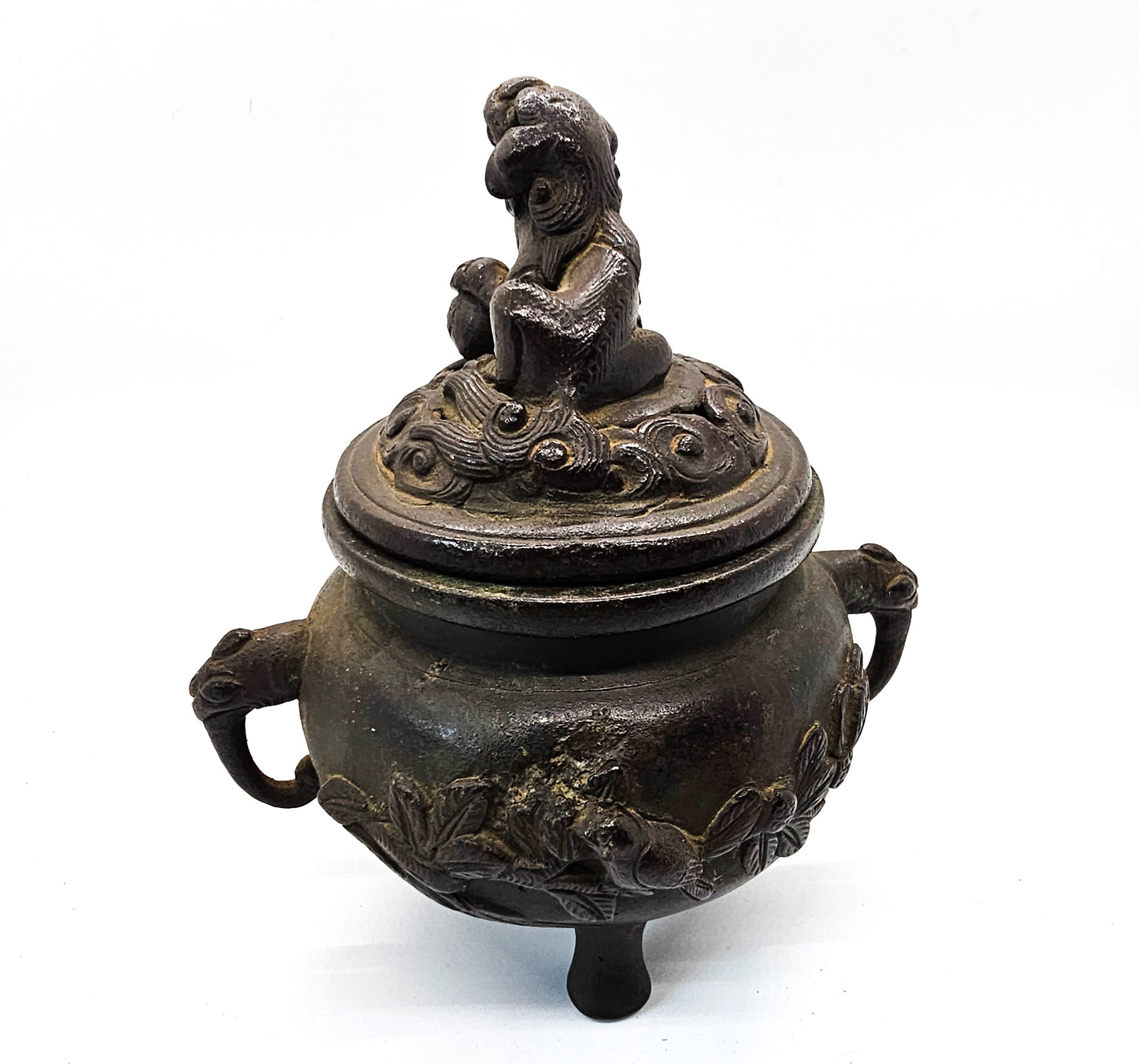 Bronze foo dog and bird antique early 20th century censer incense burner