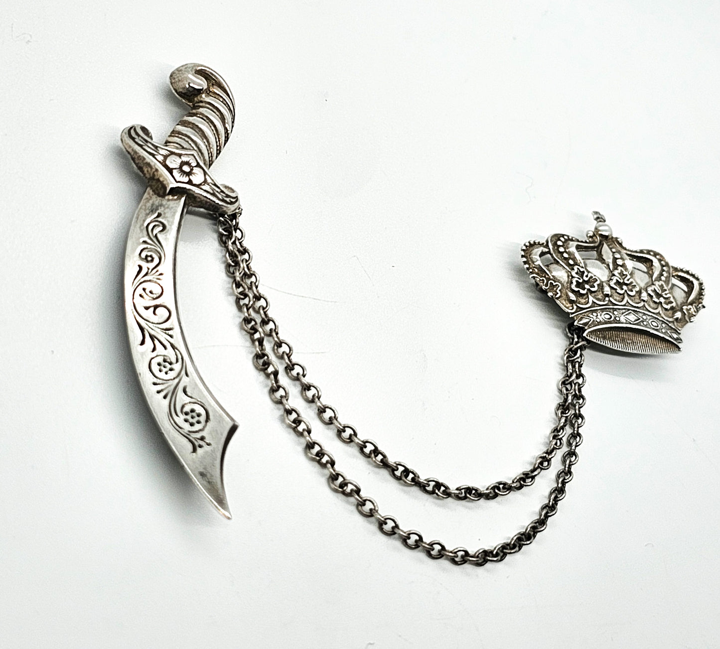 Crown And Sword Chatelaine vintage sterling silver collar Brooch