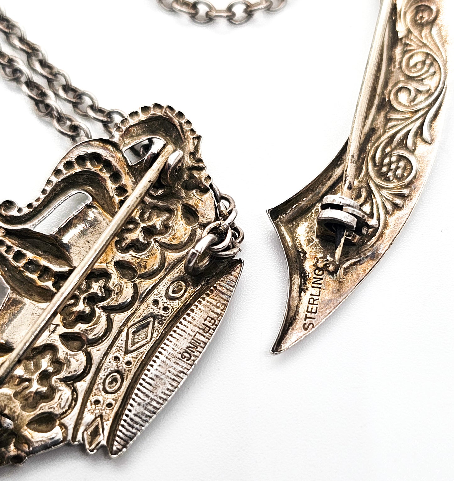 Crown And Sword Chatelaine vintage sterling silver collar Brooch