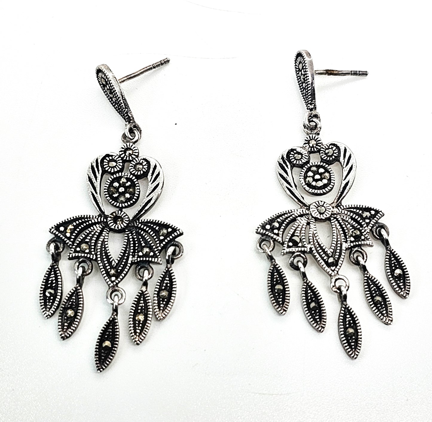 Marcasite flower long drop dangle vintage sterling silver earrings