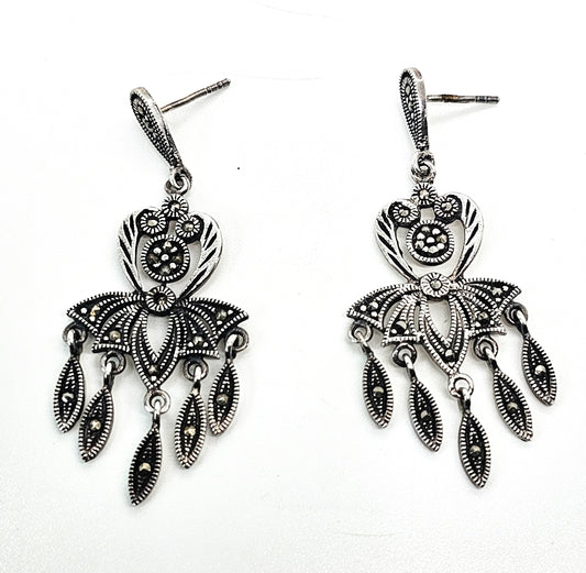 Marcasite flower long drop dangle vintage sterling silver earrings