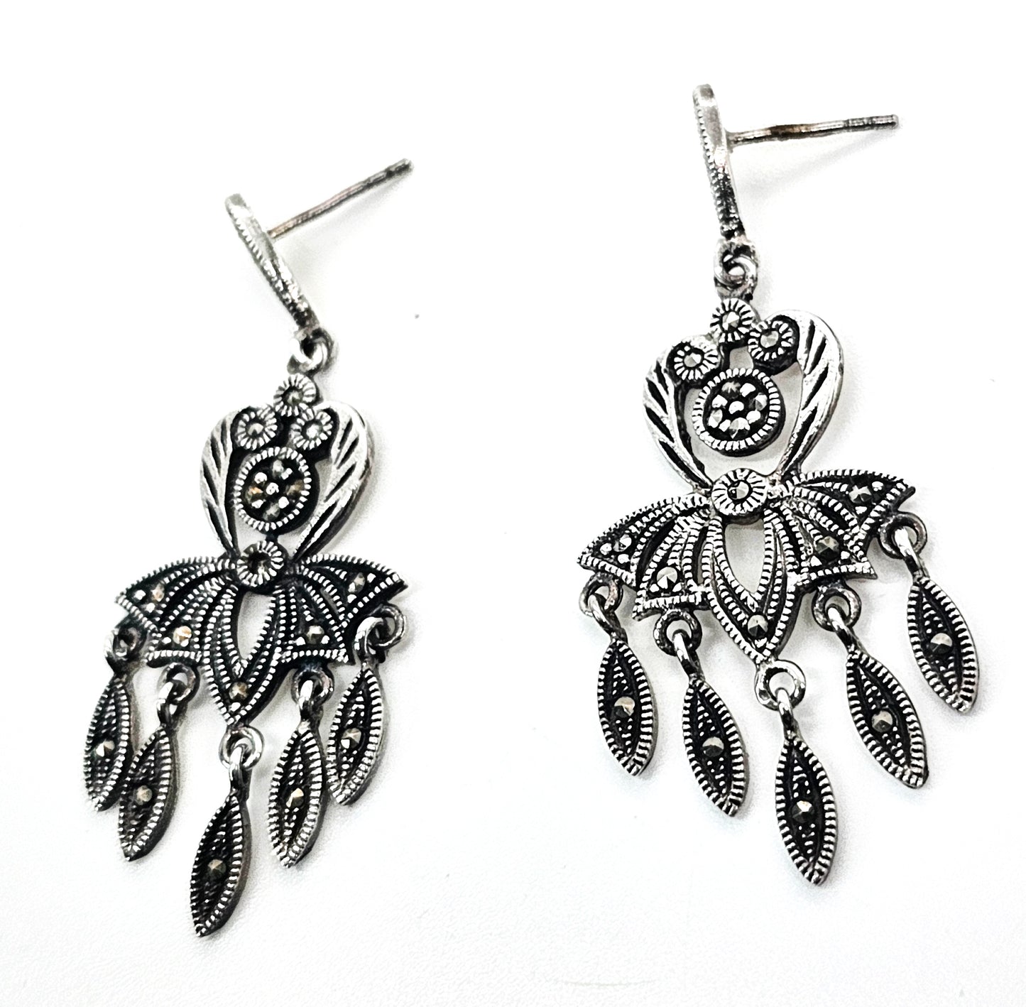 Marcasite flower long drop dangle vintage sterling silver earrings