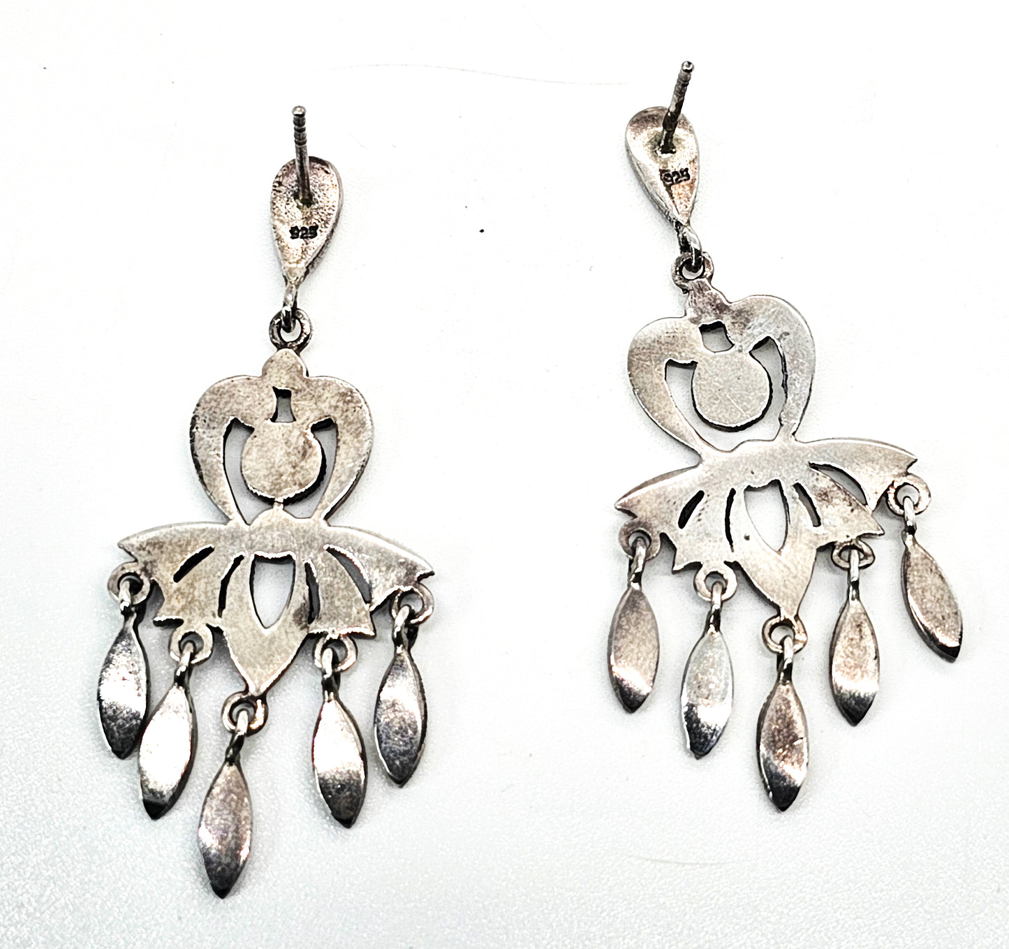 Marcasite flower long drop dangle vintage sterling silver earrings