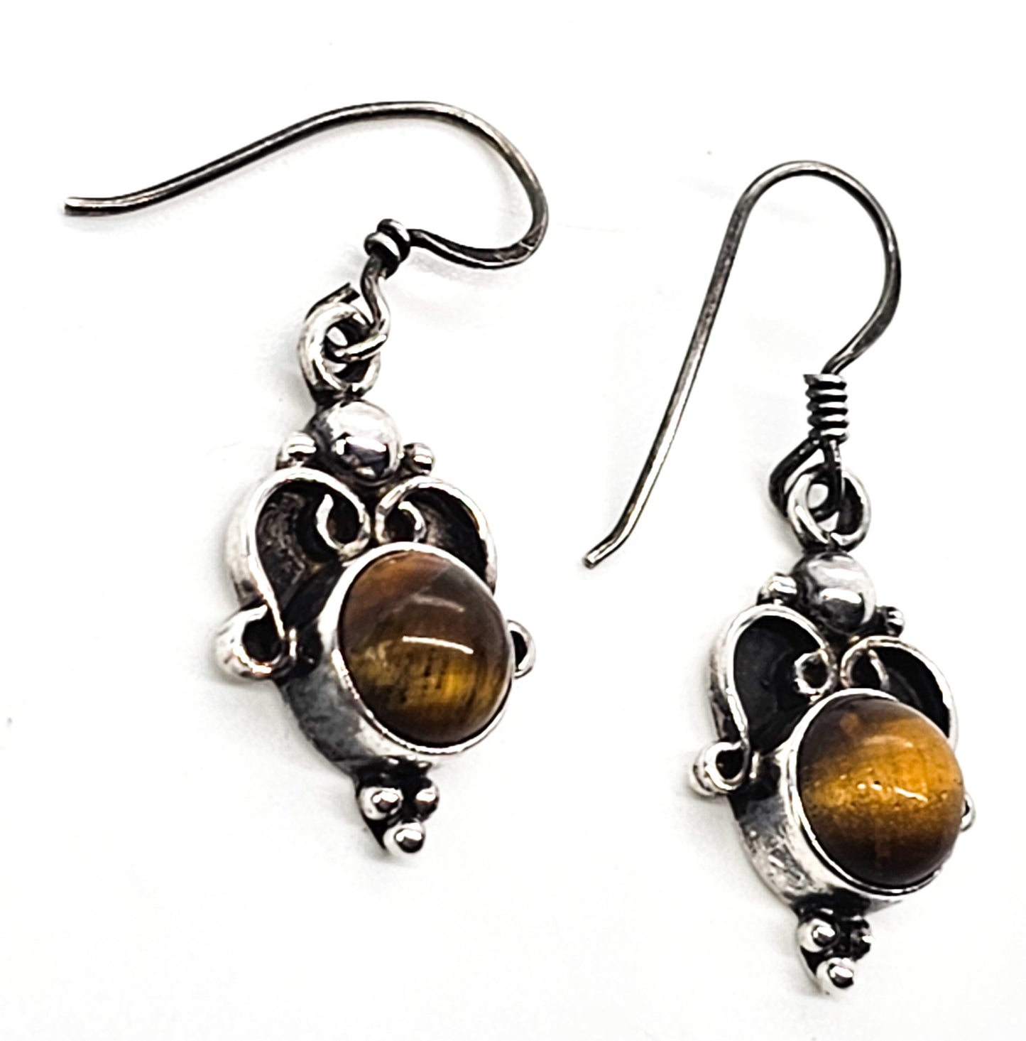 Tiger's Eye gemstone vintage sterling silver drop Bali earrings