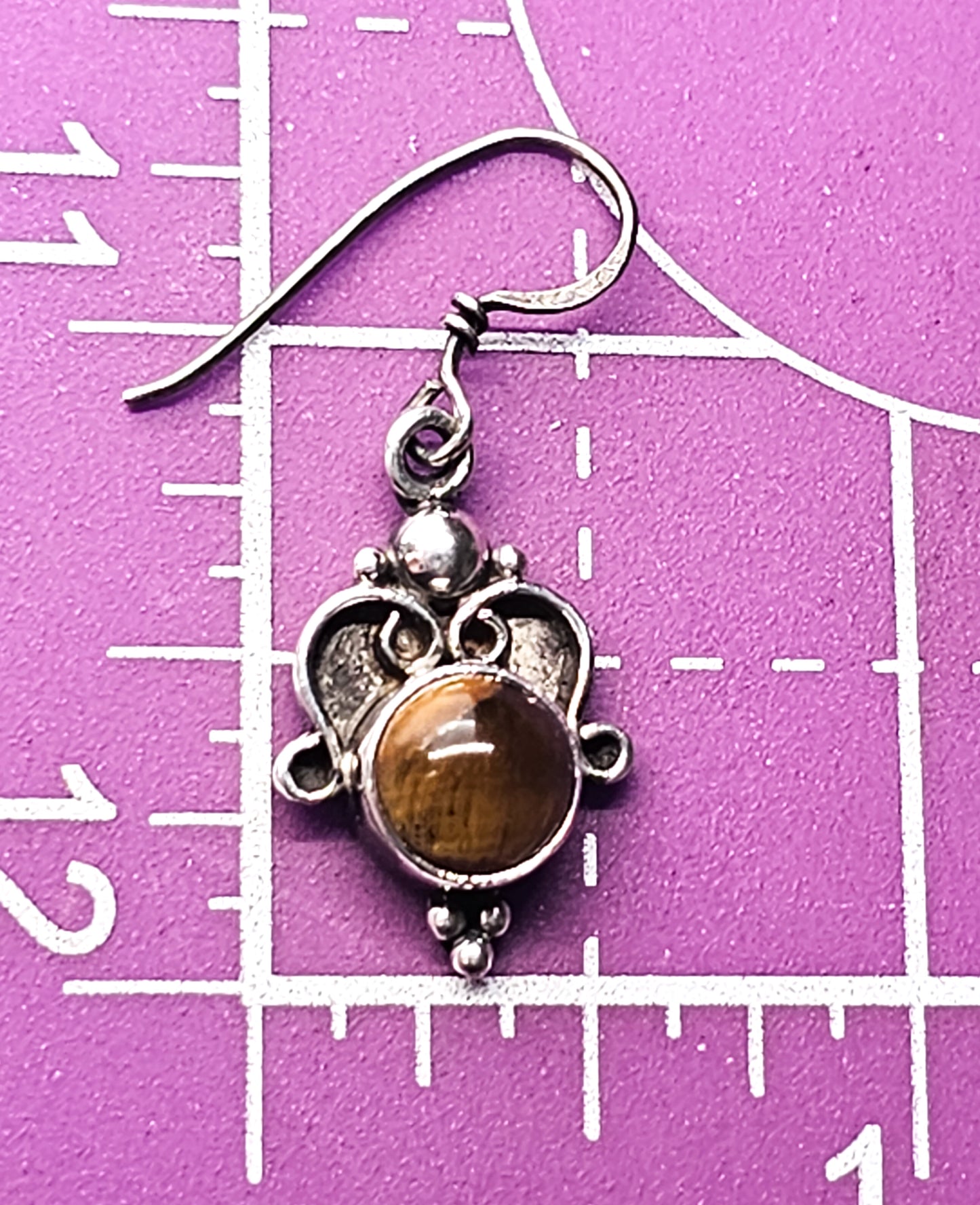 Tiger's Eye gemstone vintage sterling silver drop Bali earrings