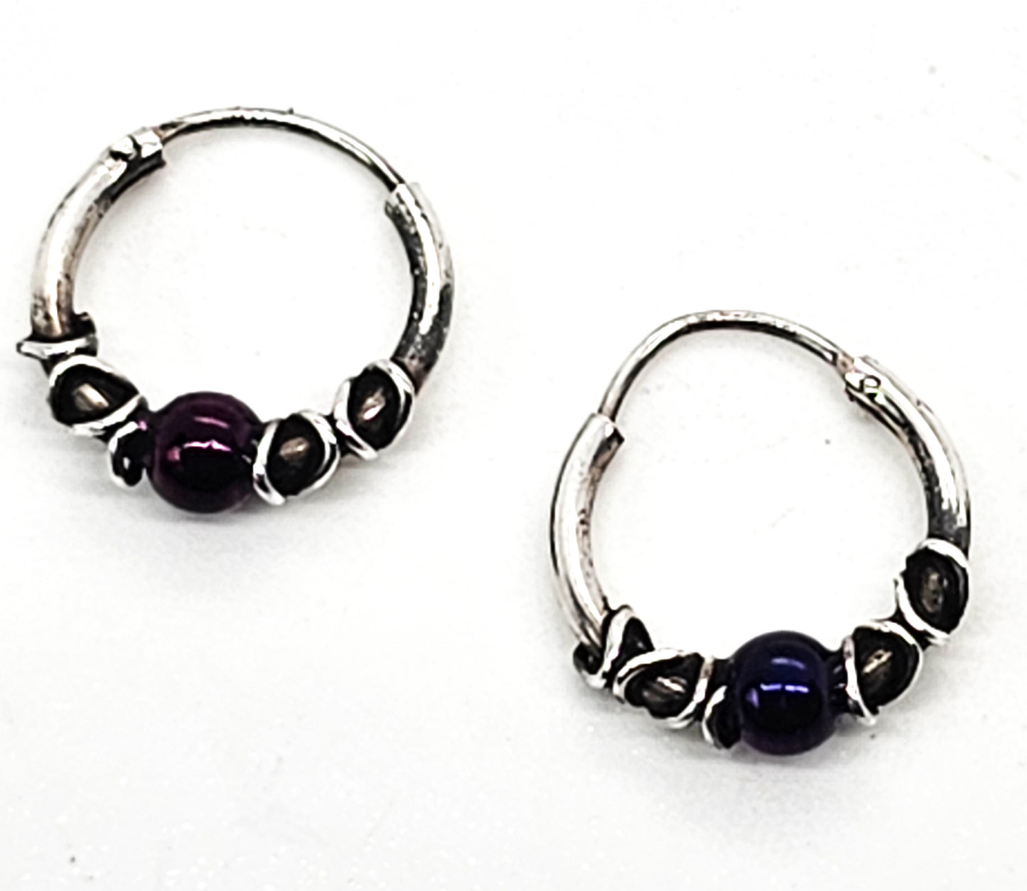 Purple and silver beaded 1/2 inch vintage sterling silver hoop earrings