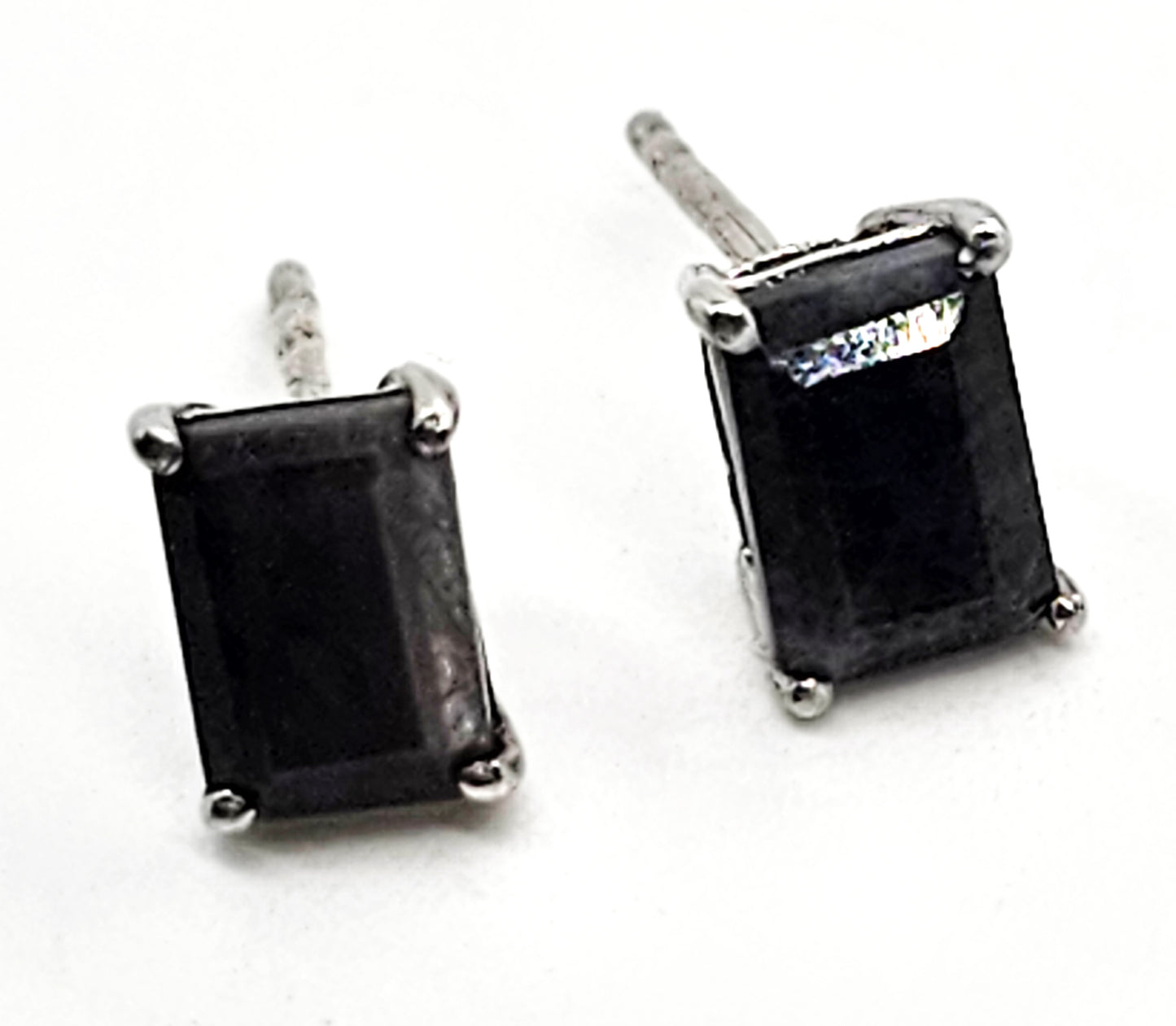 STS black sapphire emerald cut sterling silver stud earrings