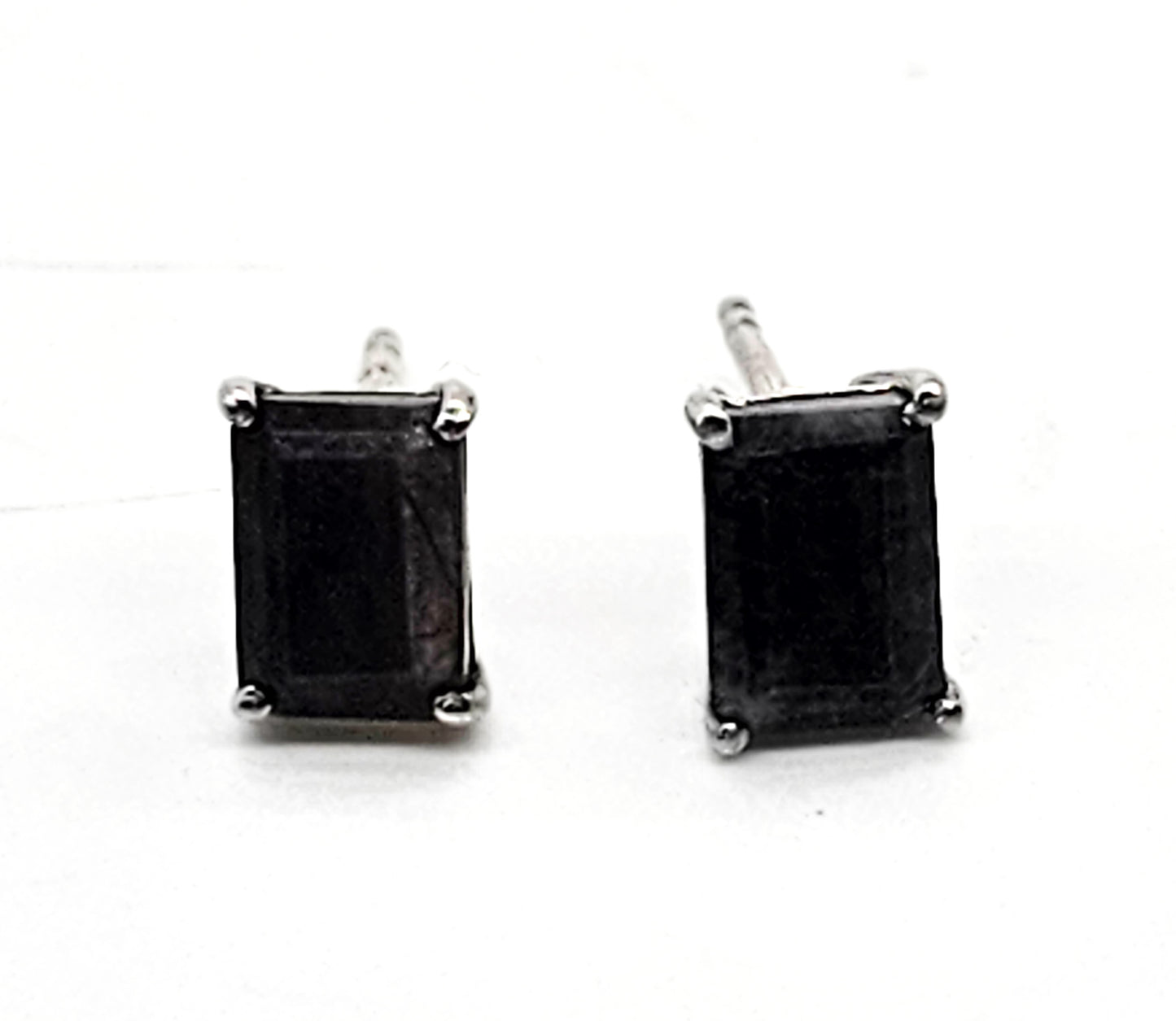 STS black sapphire emerald cut sterling silver stud earrings