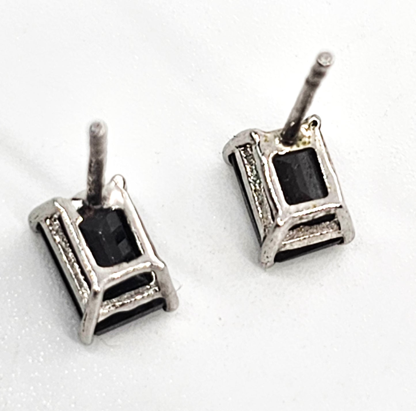 STS black sapphire emerald cut sterling silver stud earrings