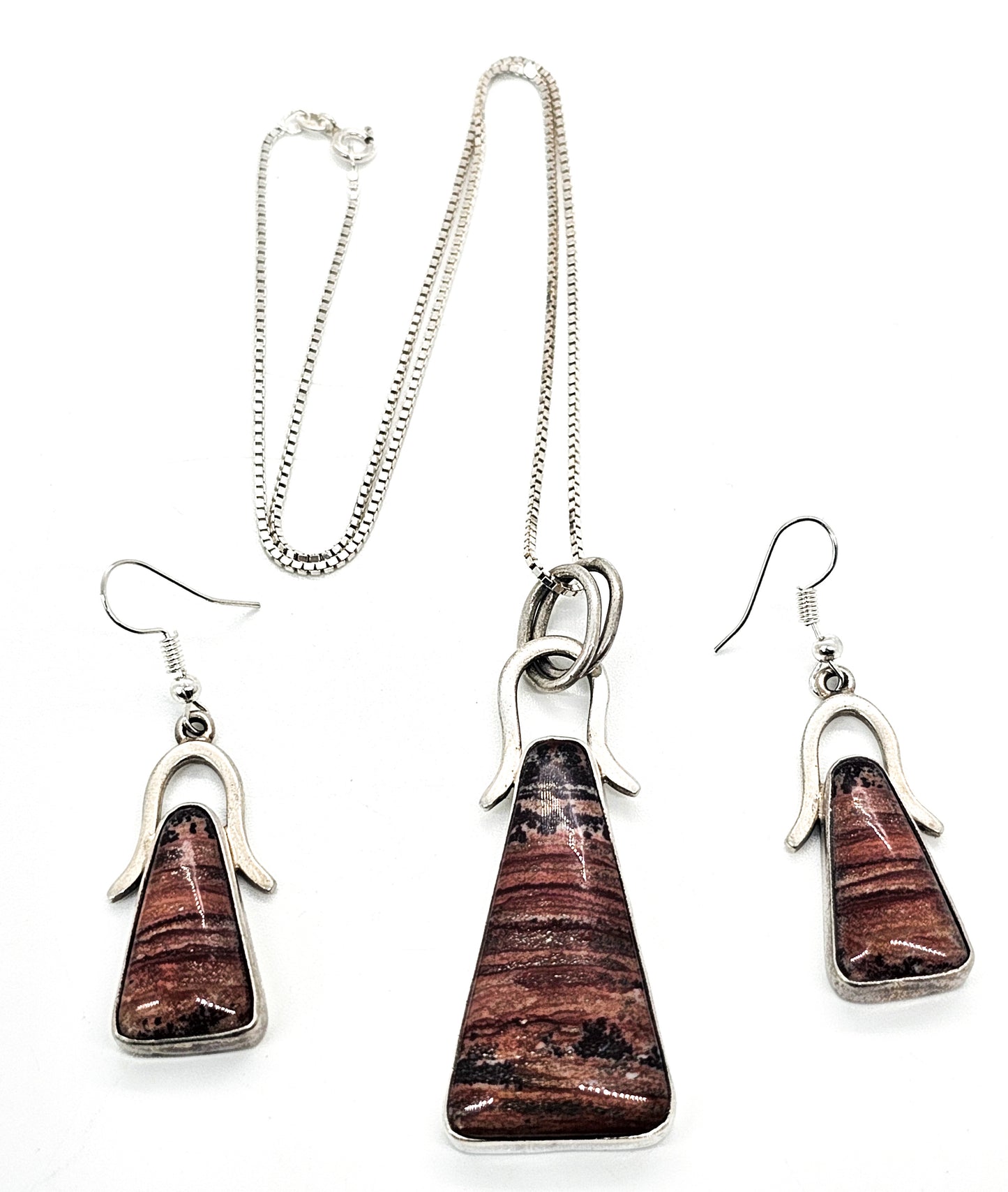 Rhodonite pink gemstone artisan sterling silver vintage necklace earrings