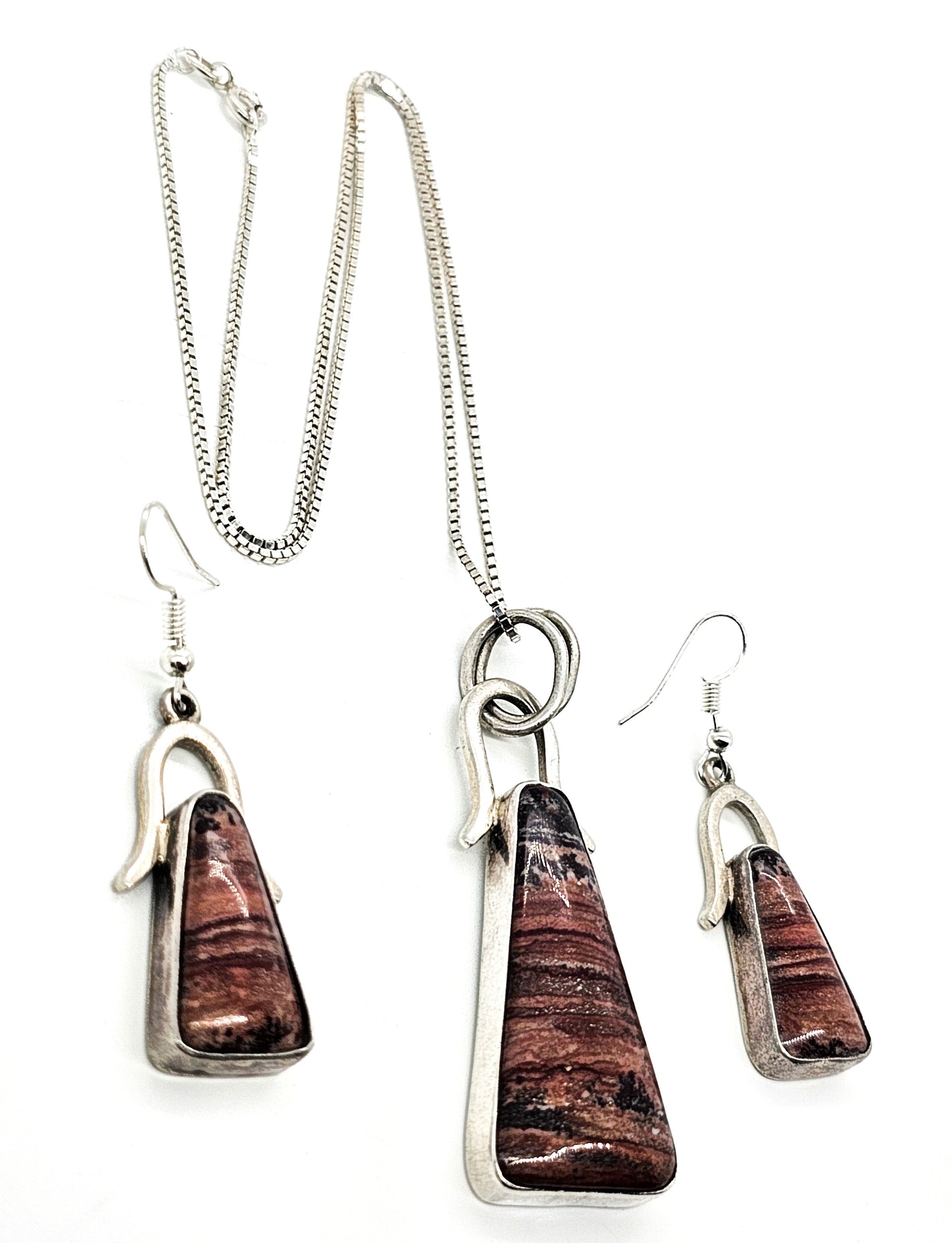 Rhodonite pink gemstone artisan sterling silver vintage necklace earrings