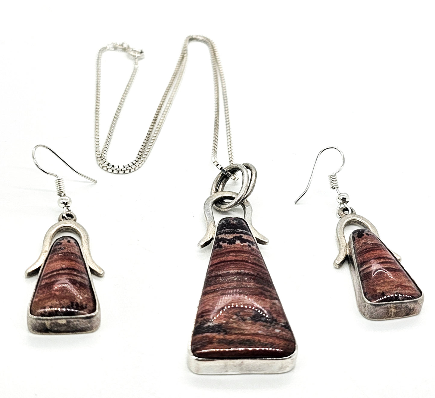 Rhodonite pink gemstone artisan sterling silver vintage necklace earrings