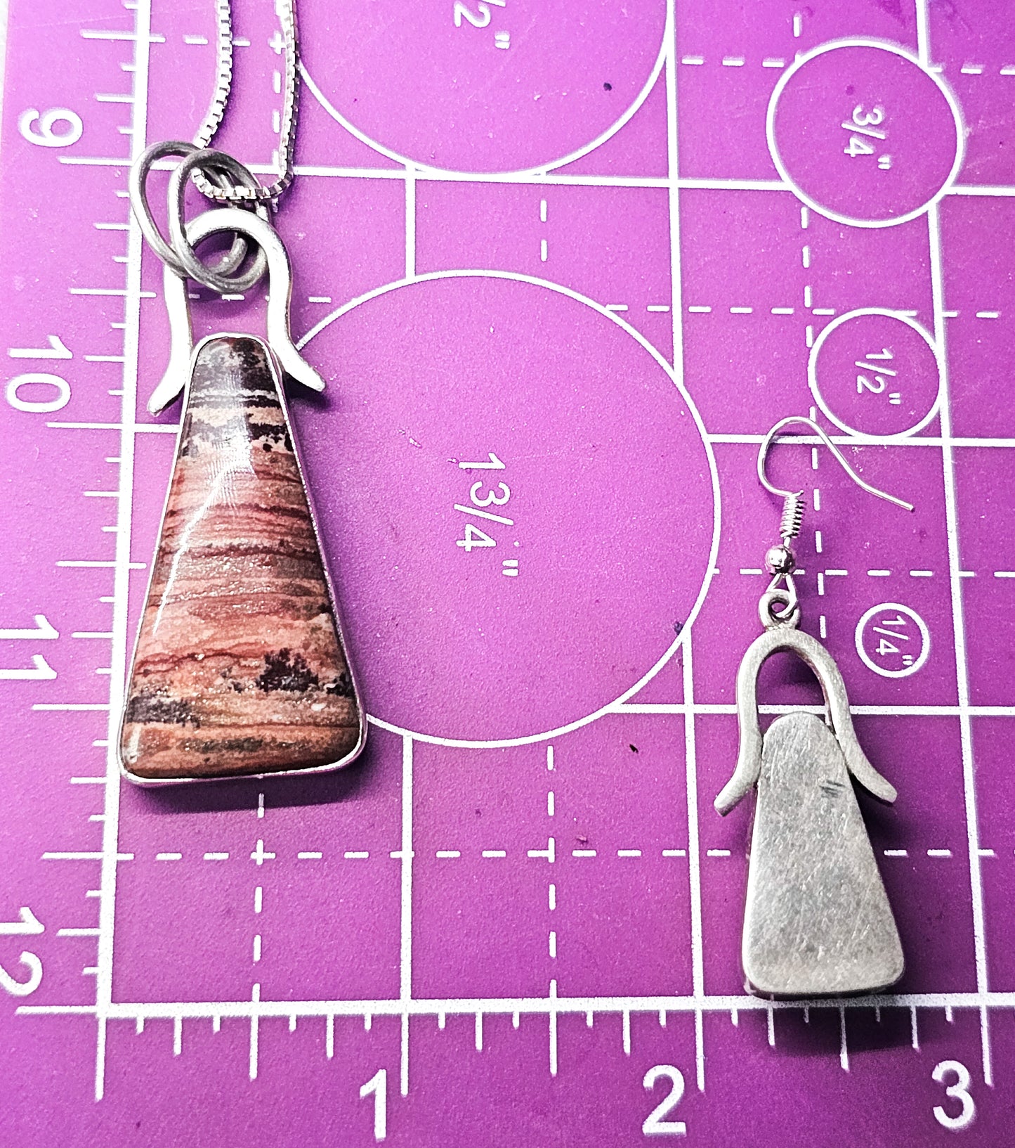Rhodonite pink gemstone artisan sterling silver vintage necklace earrings
