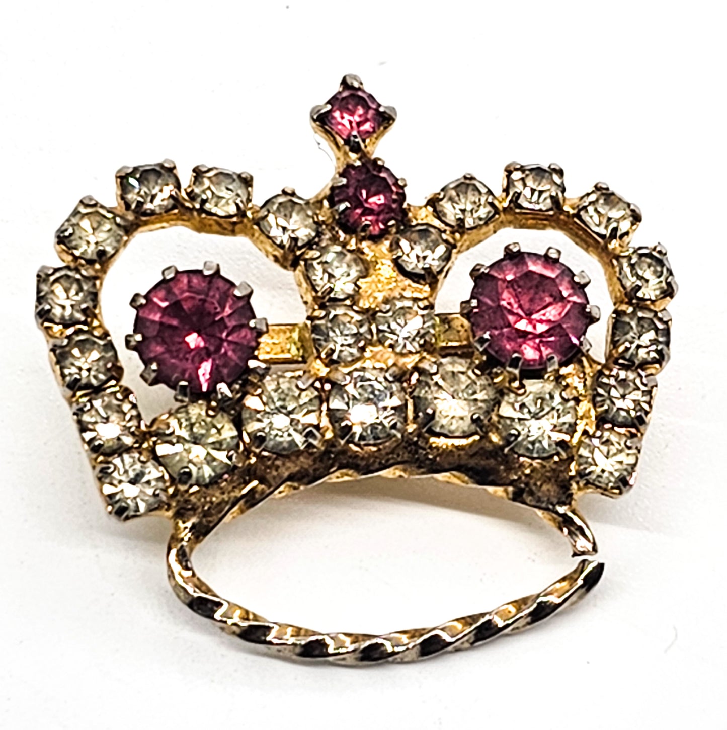 Rhinestone crown pink and clear gold toned vintage coronation brooch