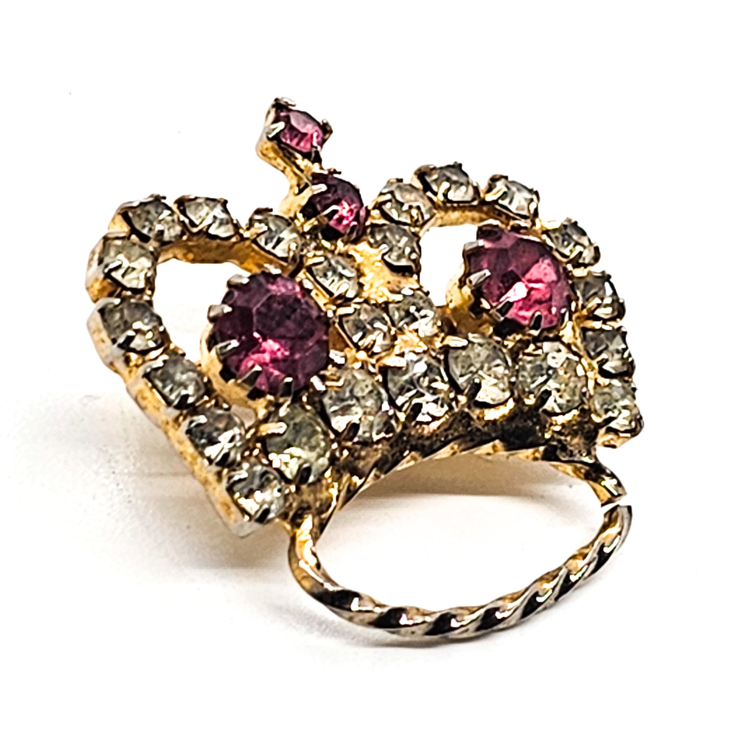 Rhinestone crown pink and clear gold toned vintage coronation brooch