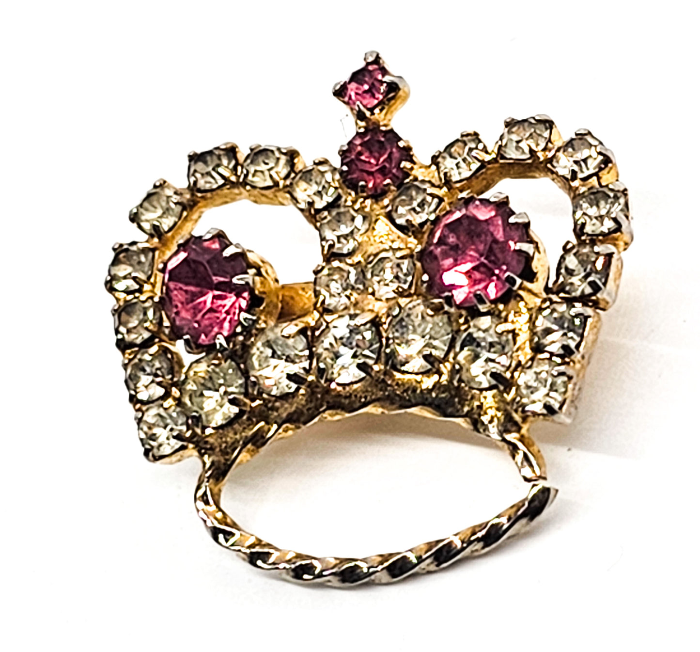 Rhinestone crown pink and clear gold toned vintage coronation brooch