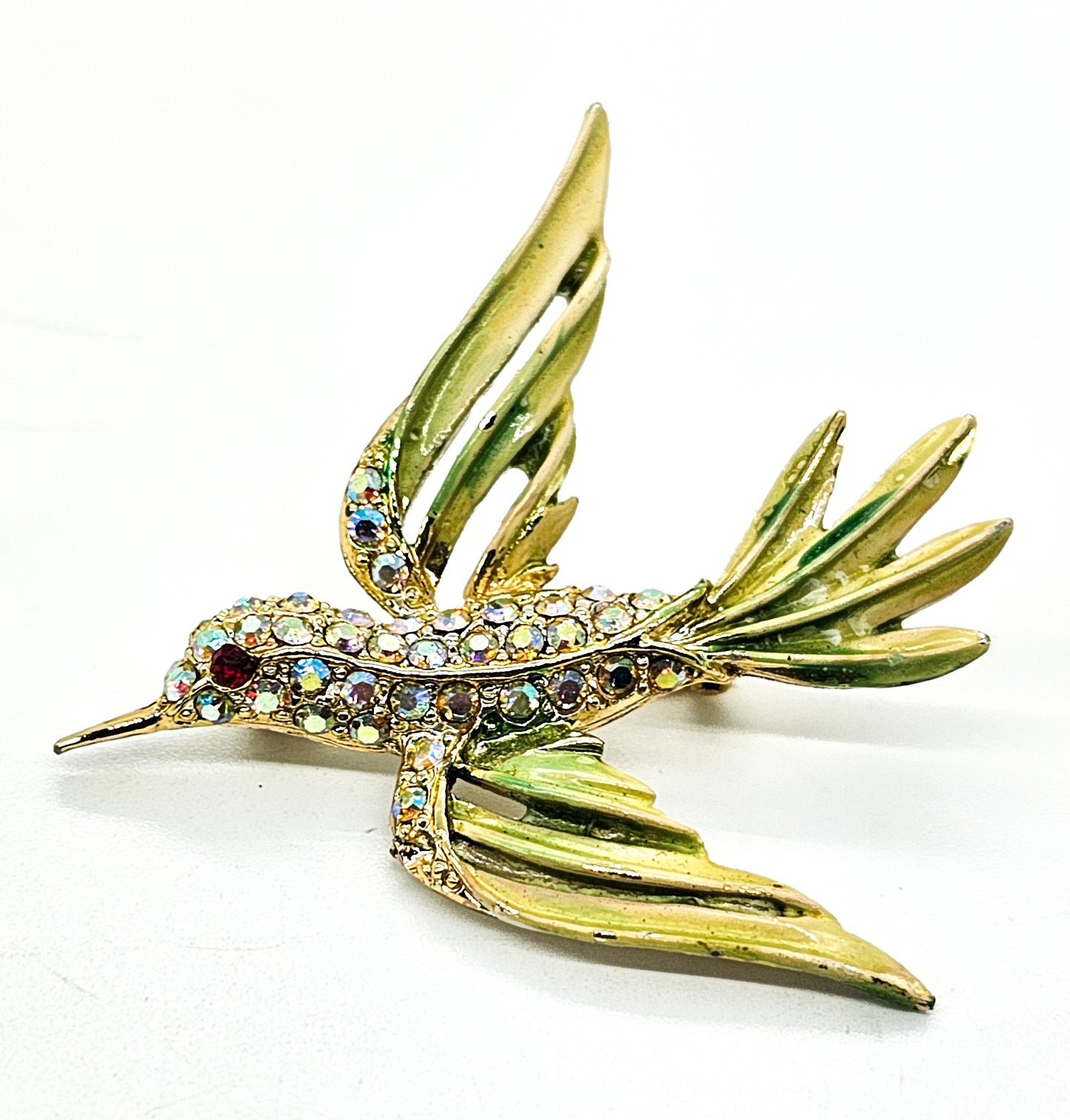 Flying hummingbird enamel and aurora borealis vintage rhinestone brooch
